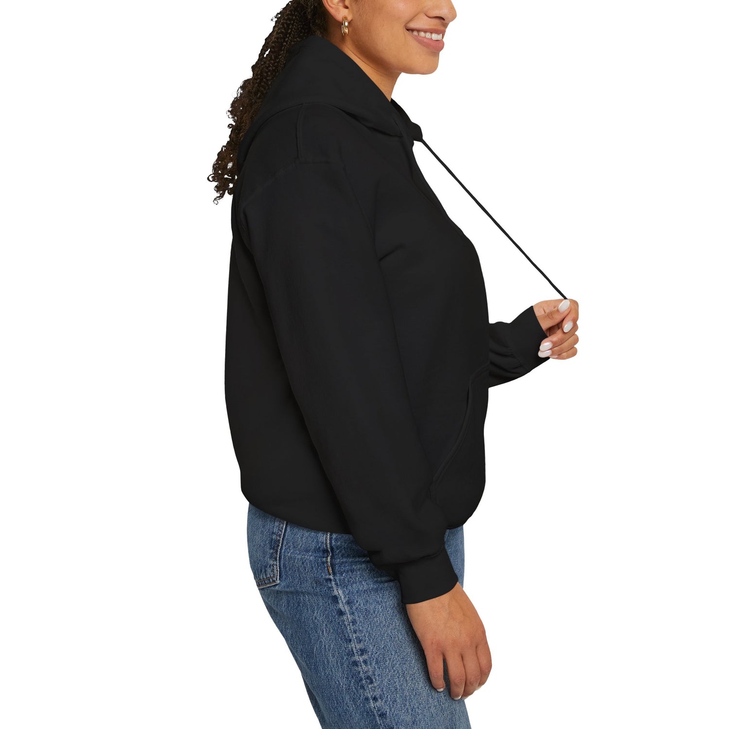 Black hoodie with kangaroo puch with with large white bitcoin logo in white on back and small on front left