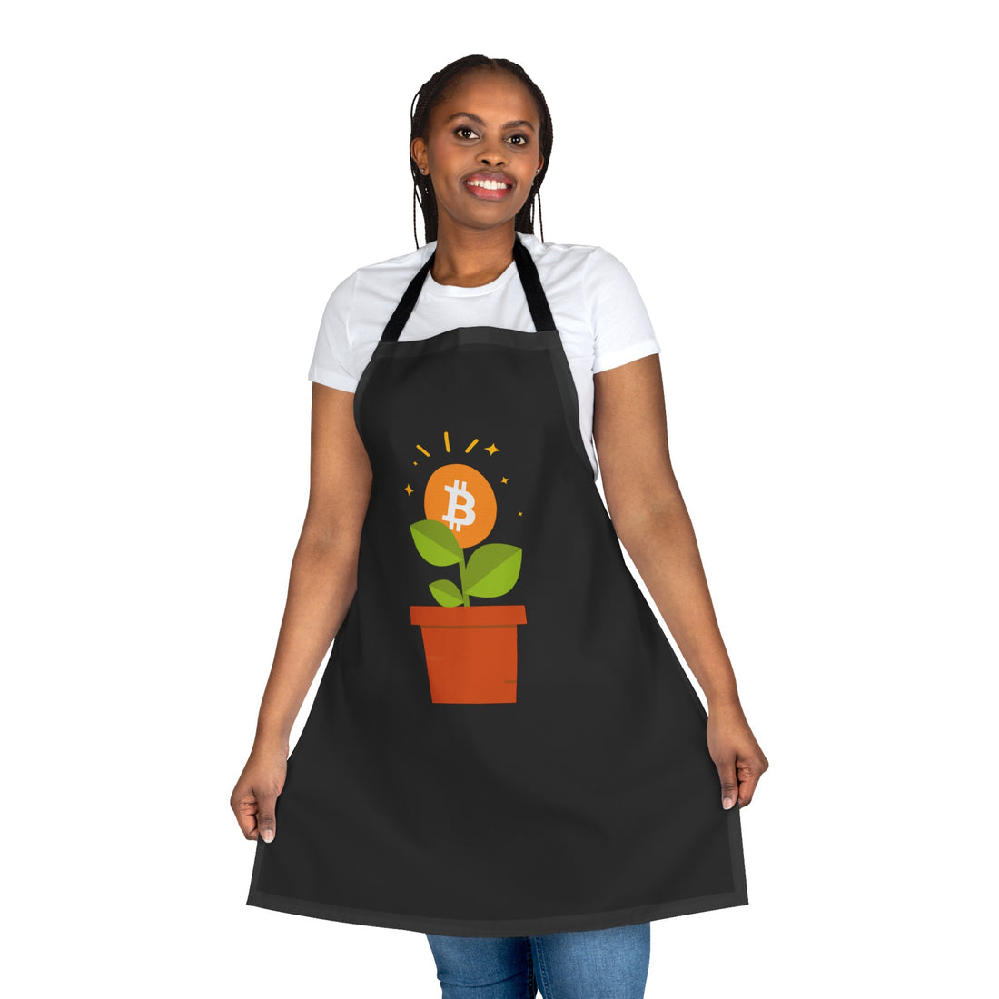 A black apron featuring a bitcoin plant design.