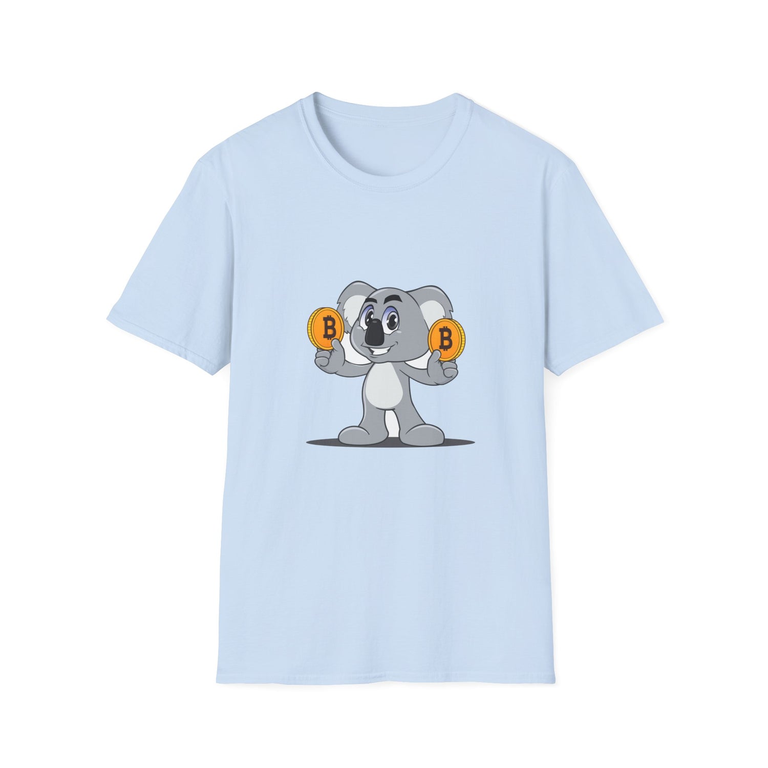 light blue t-shirt with a smiling koala holding a bitcoin coin in each hand