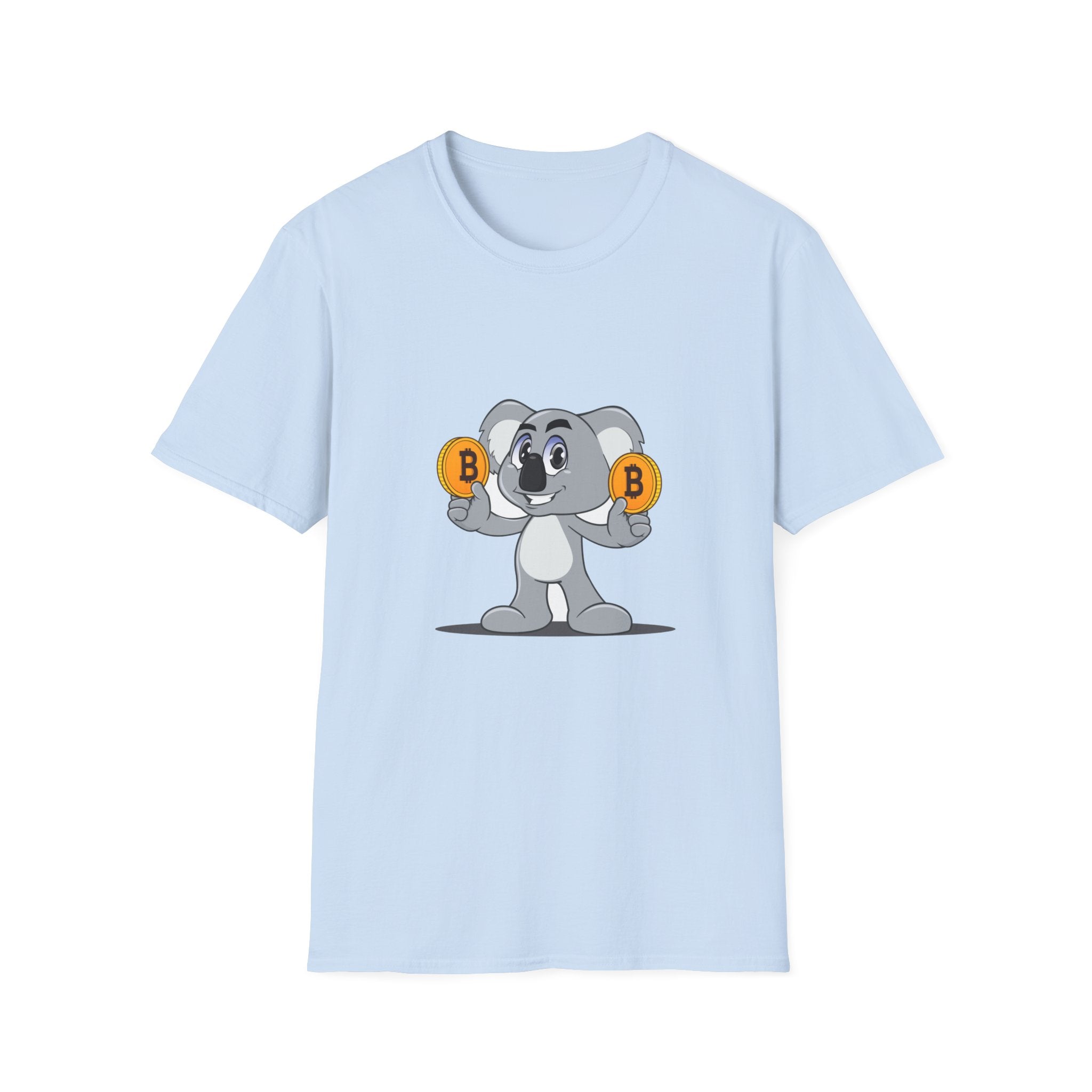 light blue t-shirt with a smiling koala holding a bitcoin coin in each hand