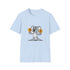 light blue t-shirt with a smiling koala holding a bitcoin coin in each hand