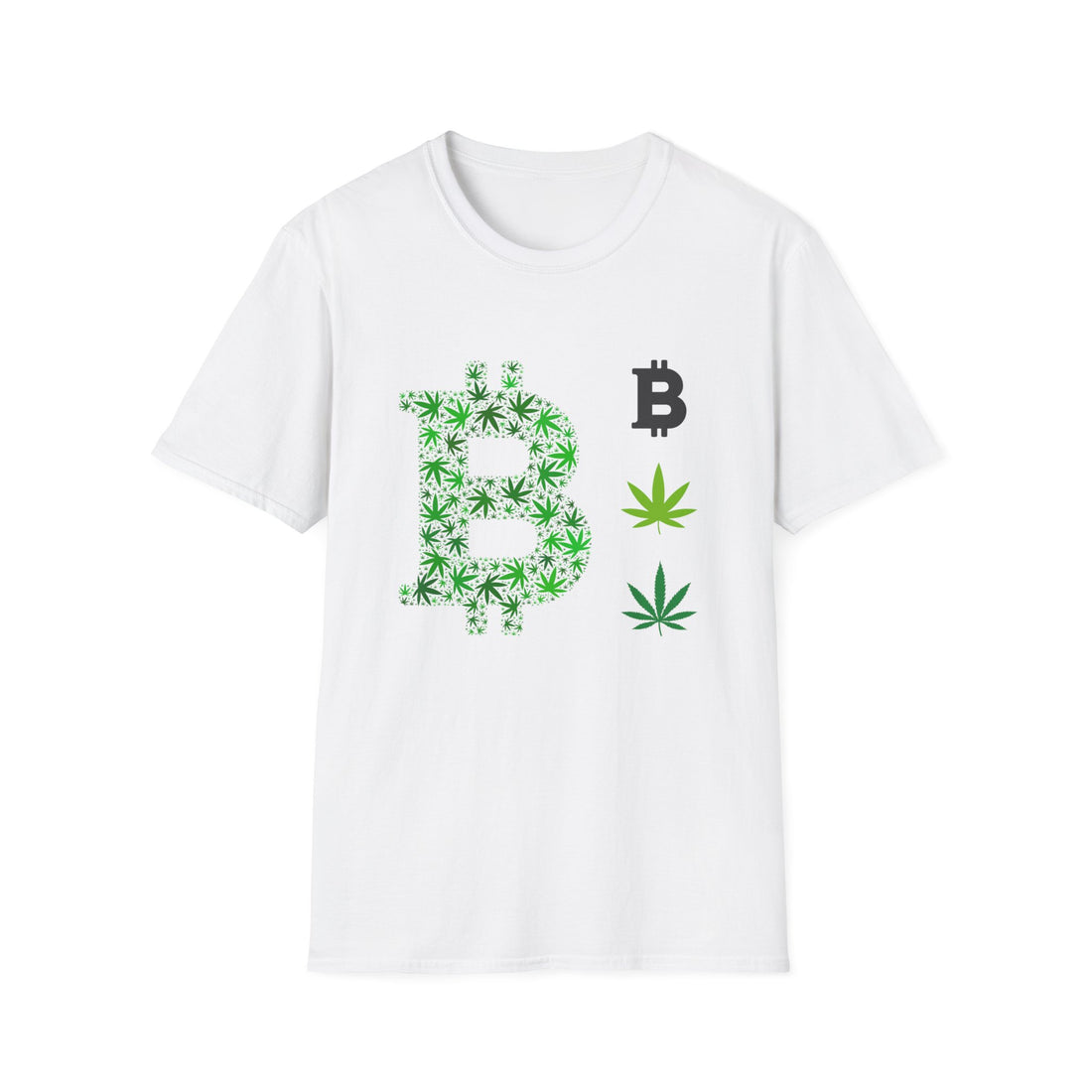 A white t-shirt featuring a green cannabis leaf design intertwined with the letter &