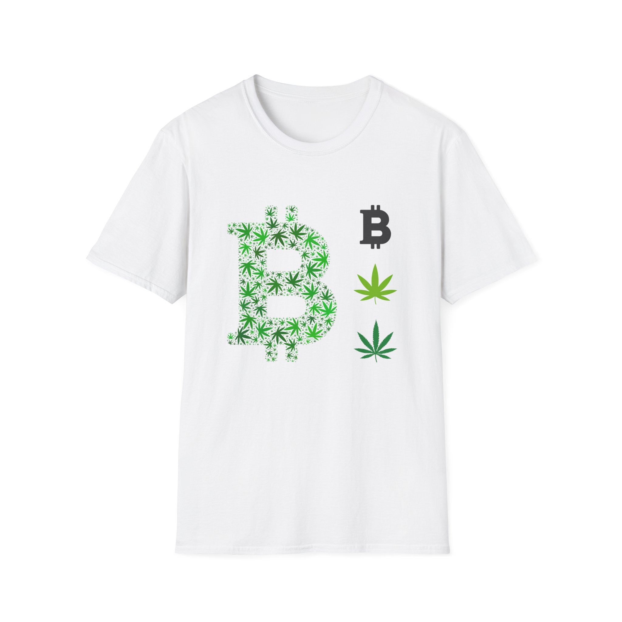 A white t-shirt featuring a green cannabis leaf design intertwined with the letter &