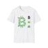 A white t-shirt featuring a green cannabis leaf design intertwined with the letter &