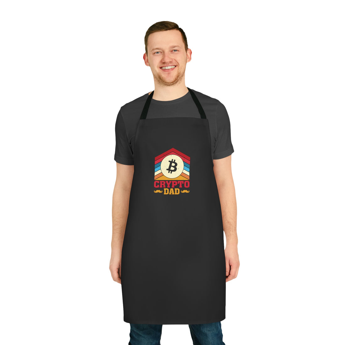 Black apron with bitcoin logo, perfect for crypto dad.