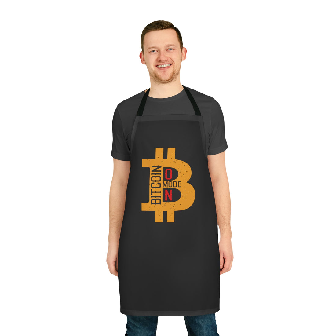 A man wearing a black apron with Bitcoin Mode On logo: A bold, eye-catching image representing the concept of Bitcoin Mode being activated.