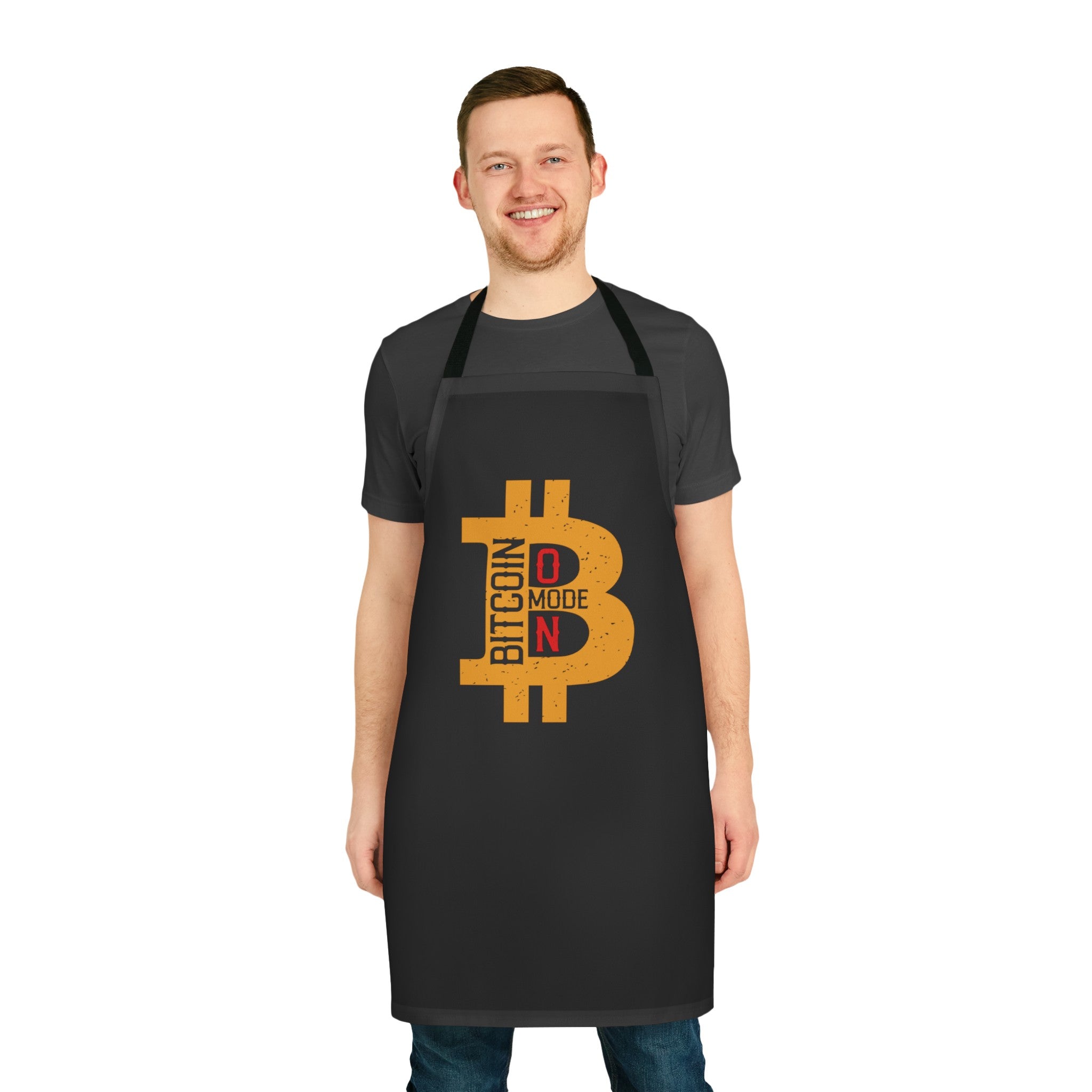 A man wearing a black apron with Bitcoin Mode On logo: A bold, eye-catching image representing the concept of Bitcoin Mode being activated.