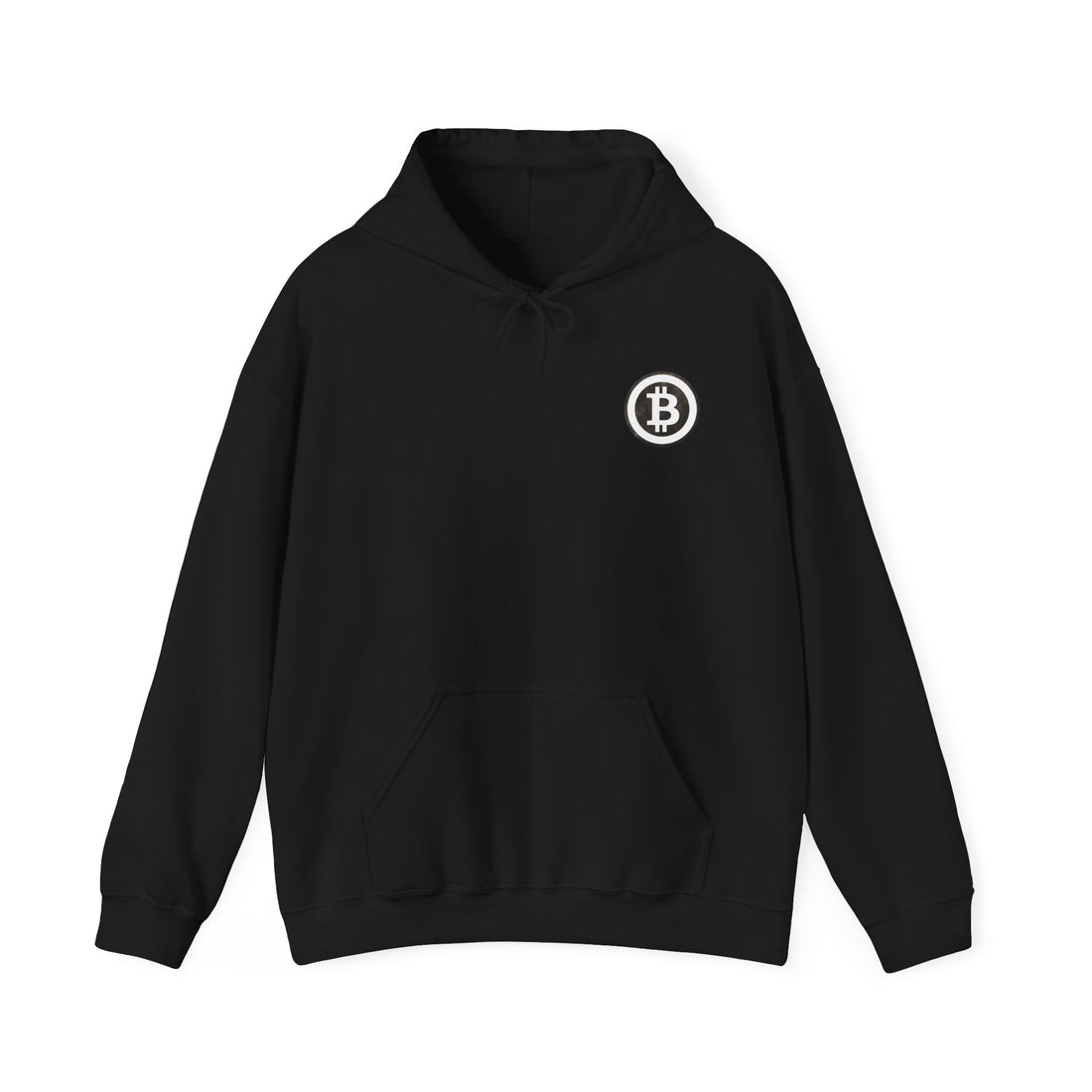 Black hoodie with kangaroo puch with with large white bitcoin logo in white on back and small on front left