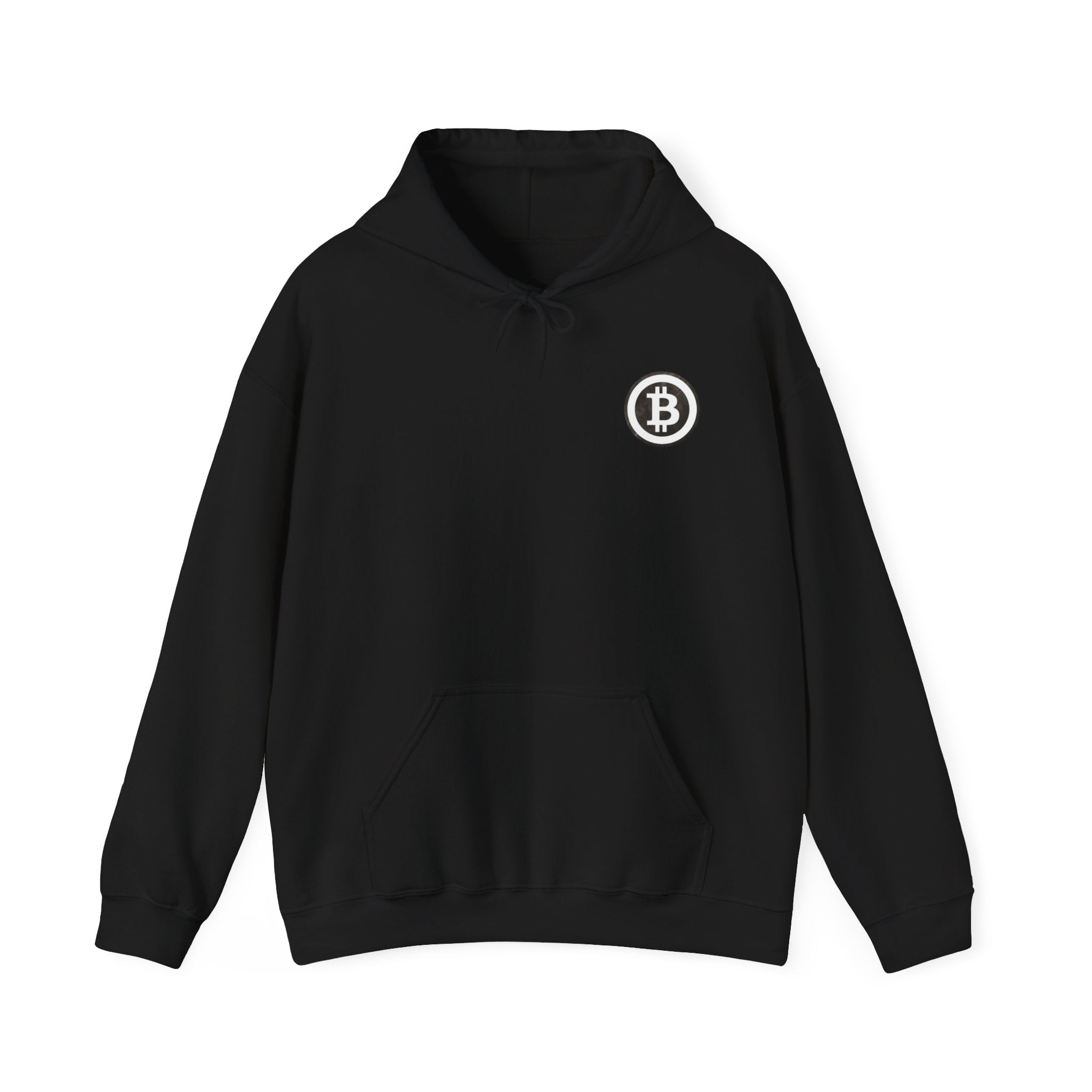 Black hoodie with kangaroo puch with with large white bitcoin logo in white on back and small on front left