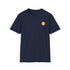 A navy blue round neck t-shirt with a small orange bitcoin logo on the left chest