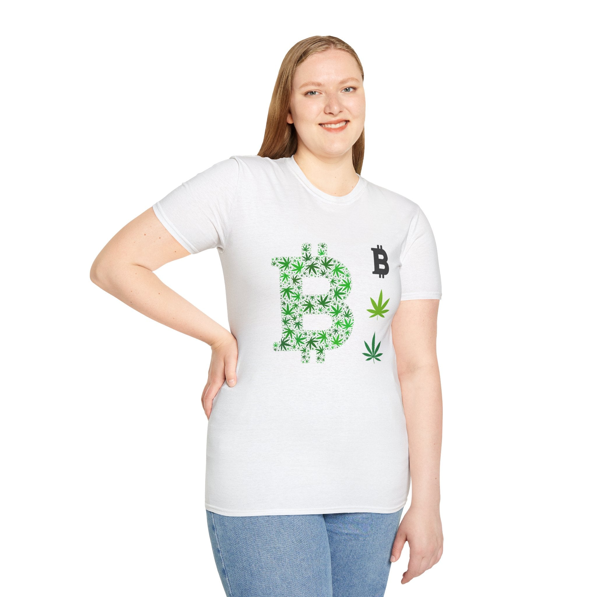 A white t-shirt featuring a green cannabis leaf design intertwined with the letter &