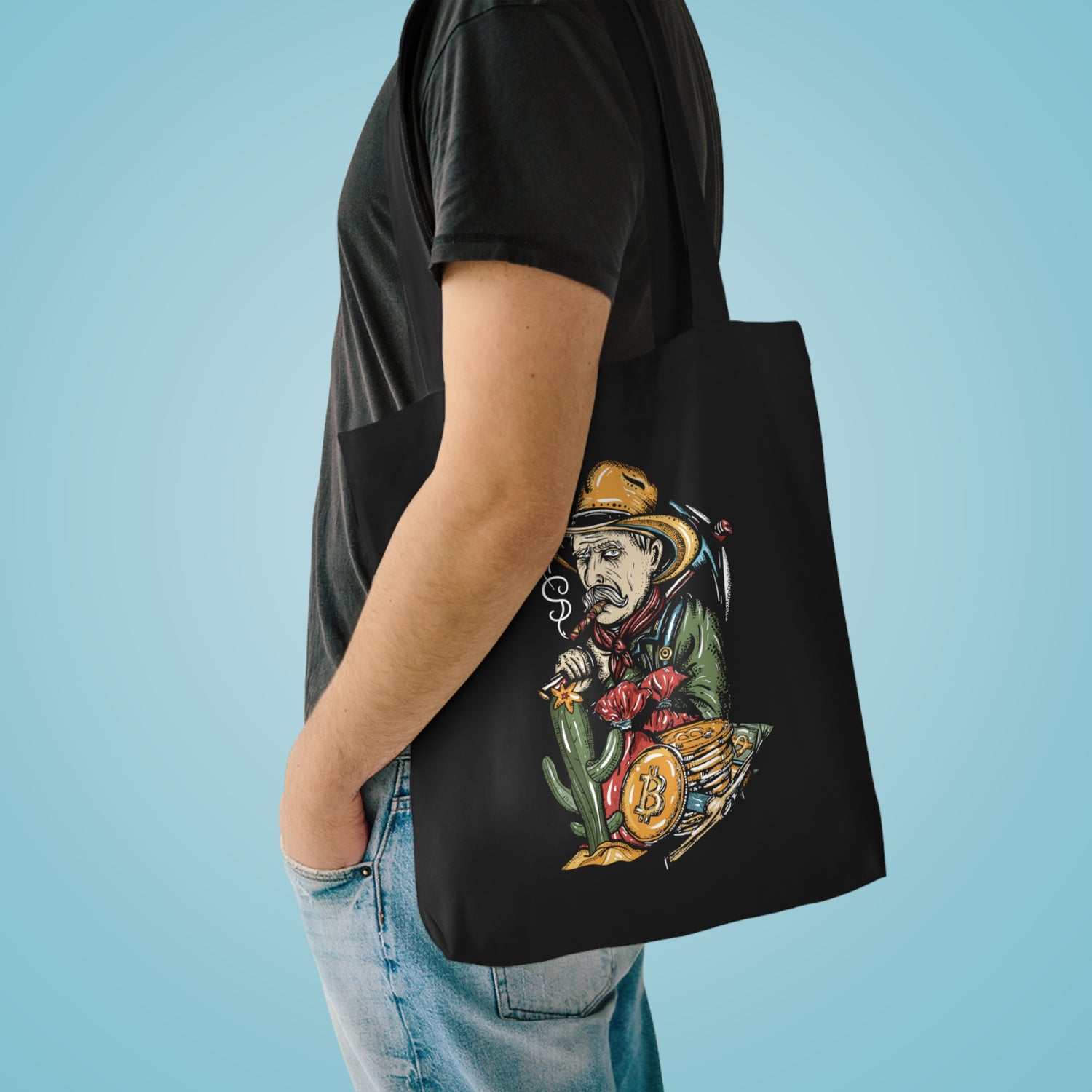 Premium 100% Cotton Tote Bag - Smoking Bitcoin Man