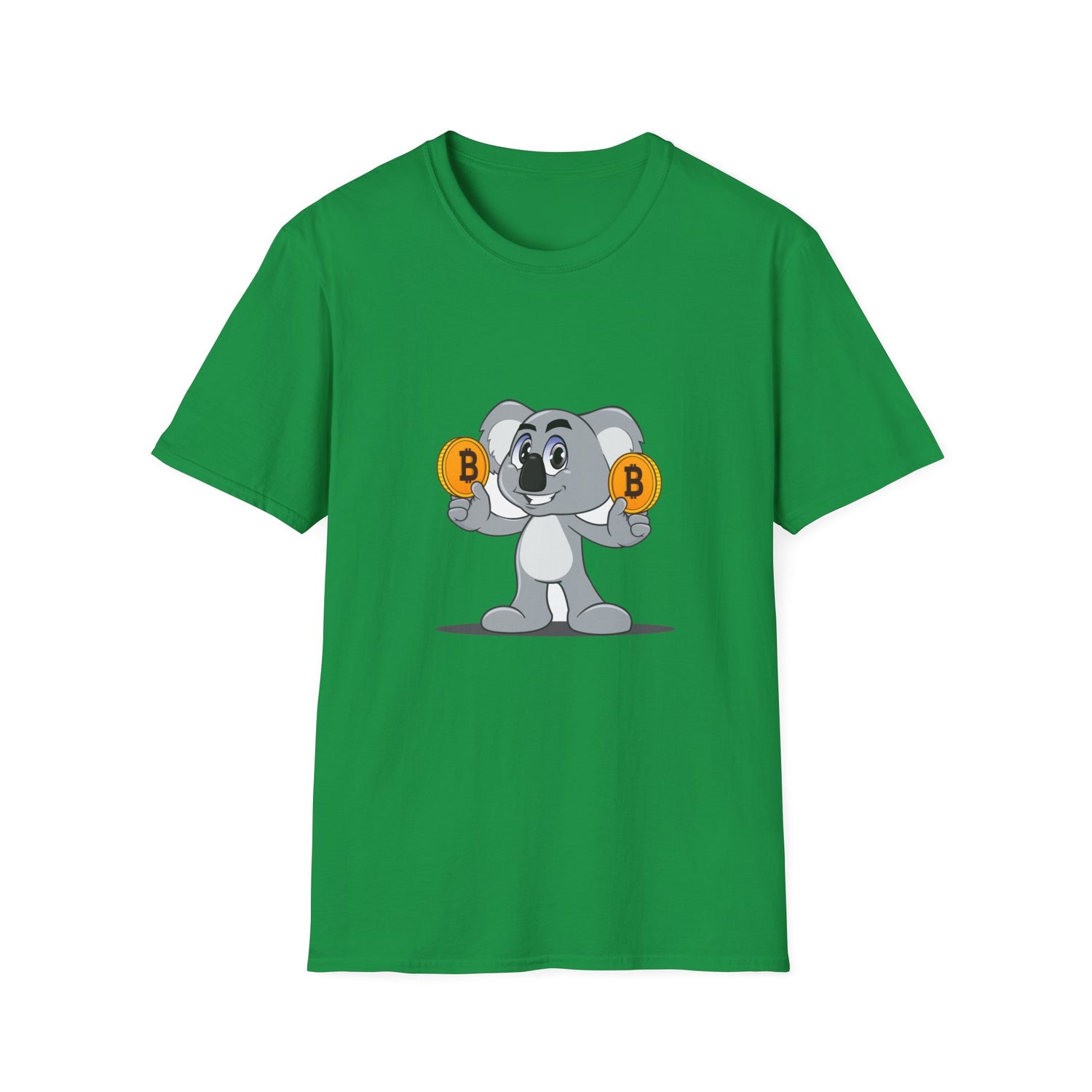 irish green t-shirt with a smiling koala holding a bitcoin coin in each hand