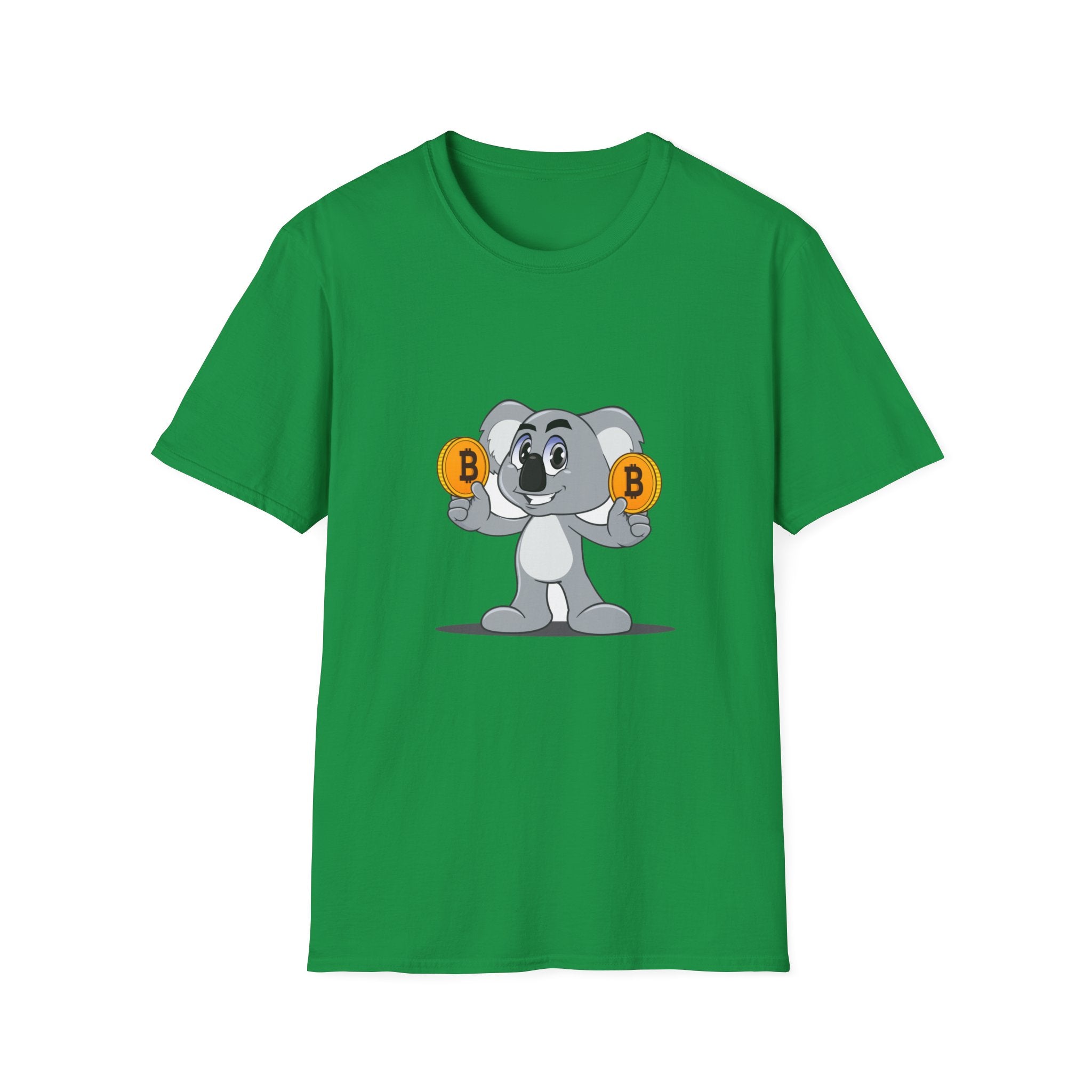 irish green t-shirt with a smiling koala holding a bitcoin coin in each hand