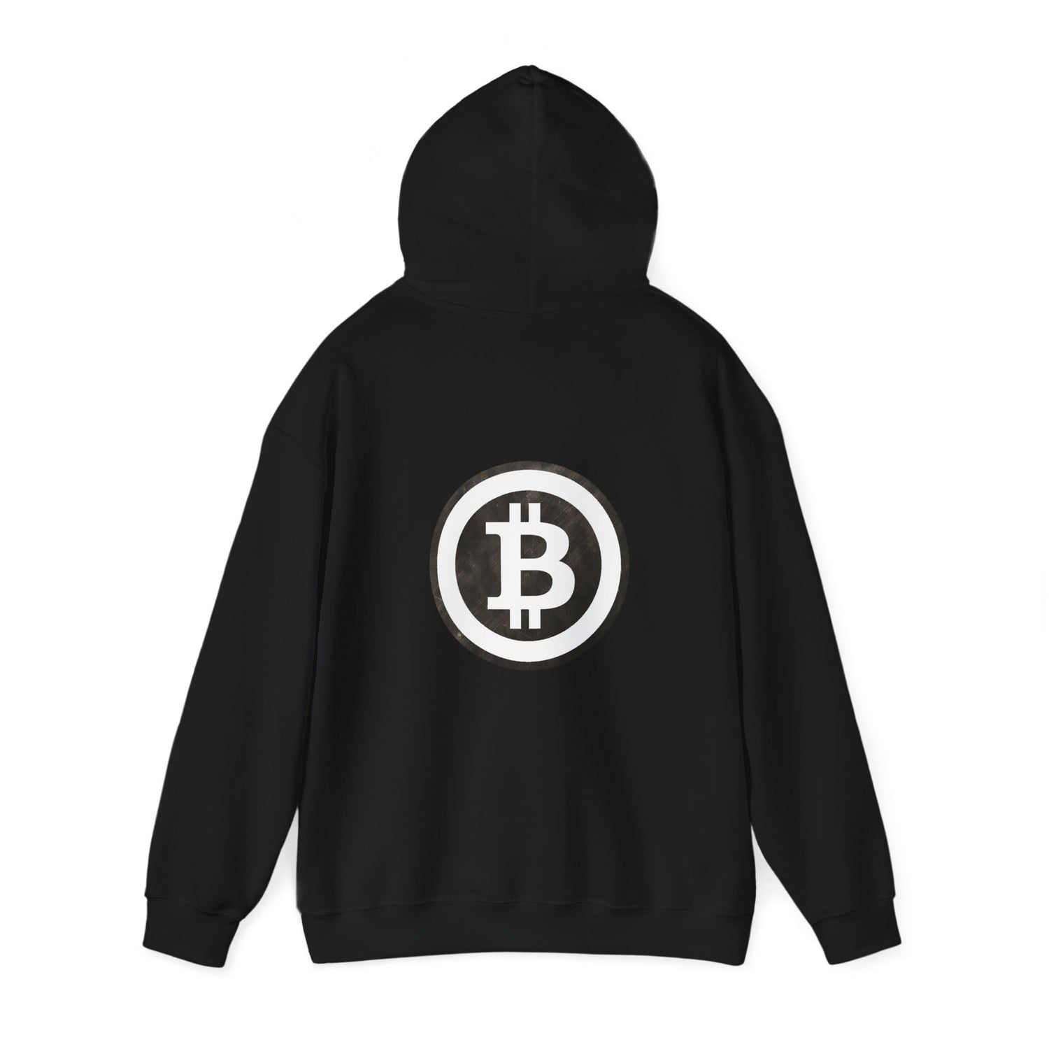 Black hoodie with kangaroo puch with with large white bitcoin logo in white on back and small on front left