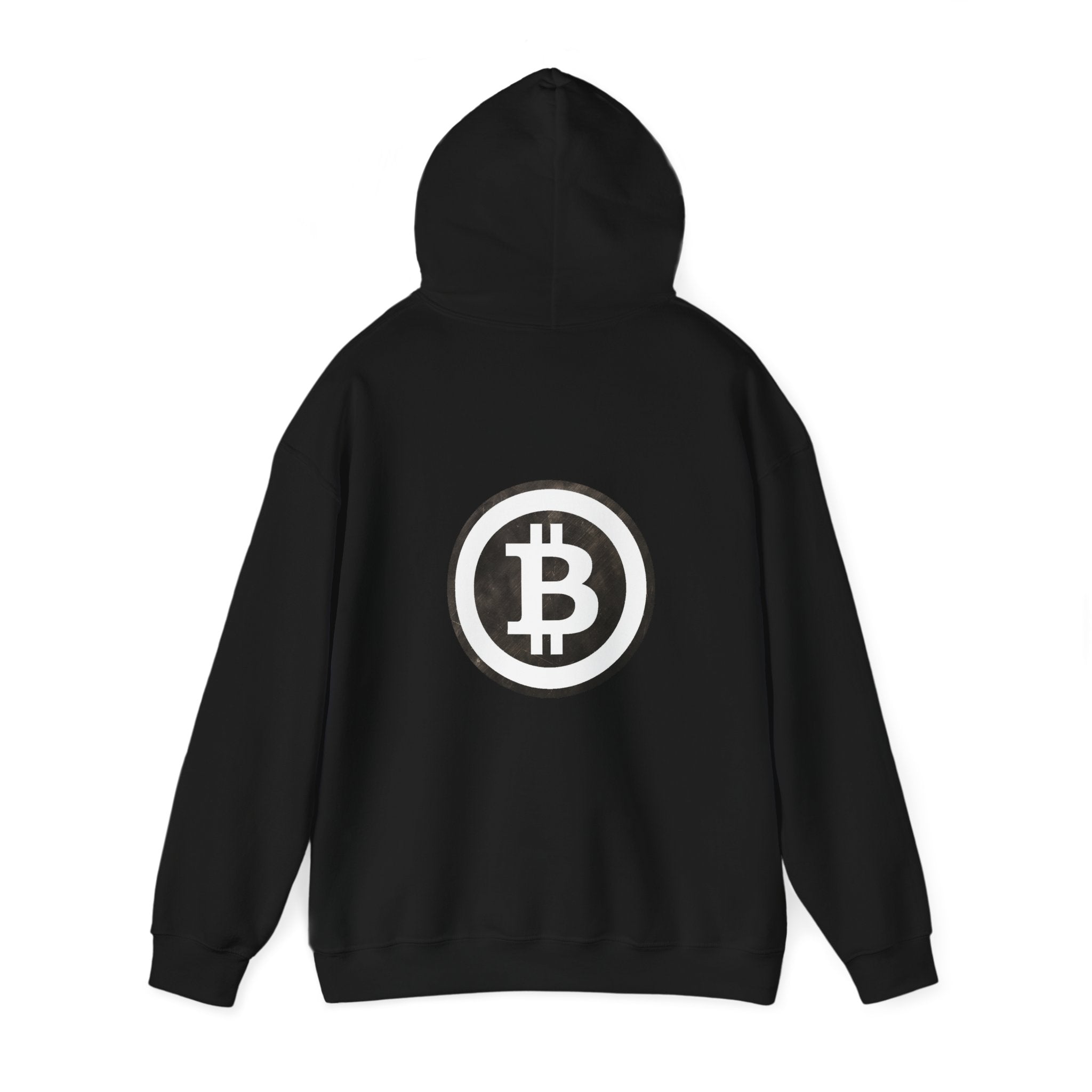 Black hoodie with kangaroo puch with with large white bitcoin logo in white on back and small on front left