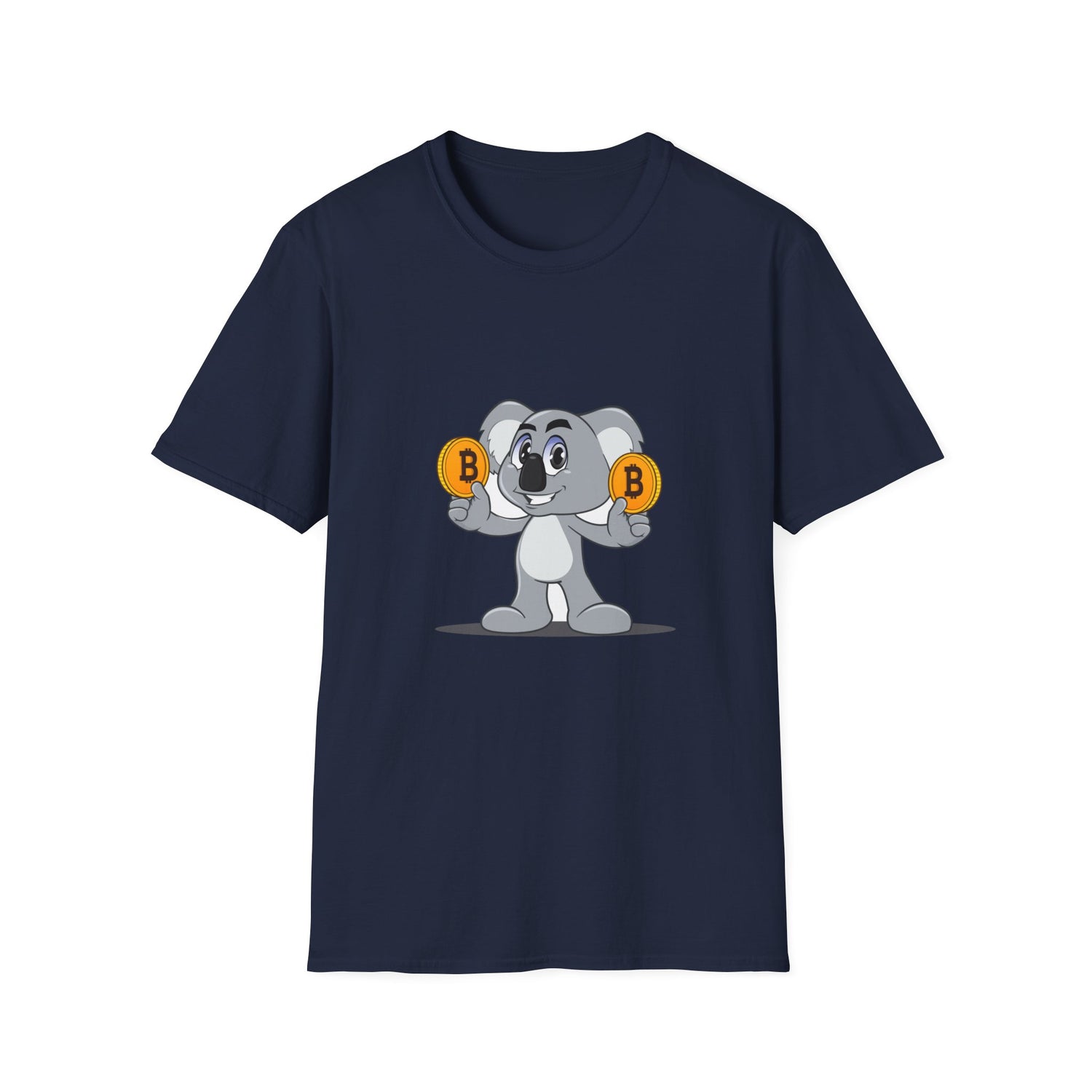 navy blue t-shirt with a smiling koala holding a bitcoin coin in each hand