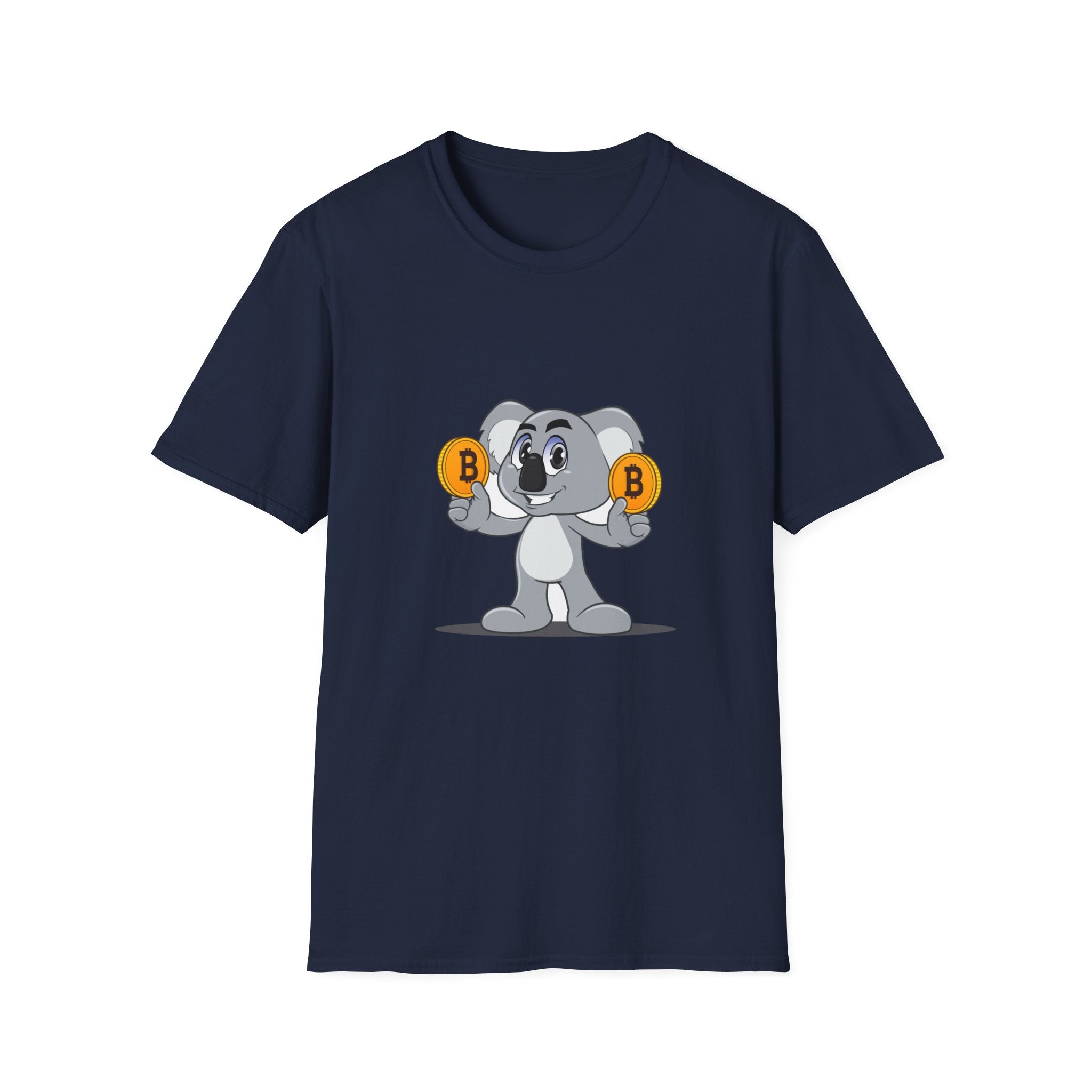 navy blue t-shirt with a smiling koala holding a bitcoin coin in each hand