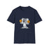 navy blue t-shirt with a smiling koala holding a bitcoin coin in each hand
