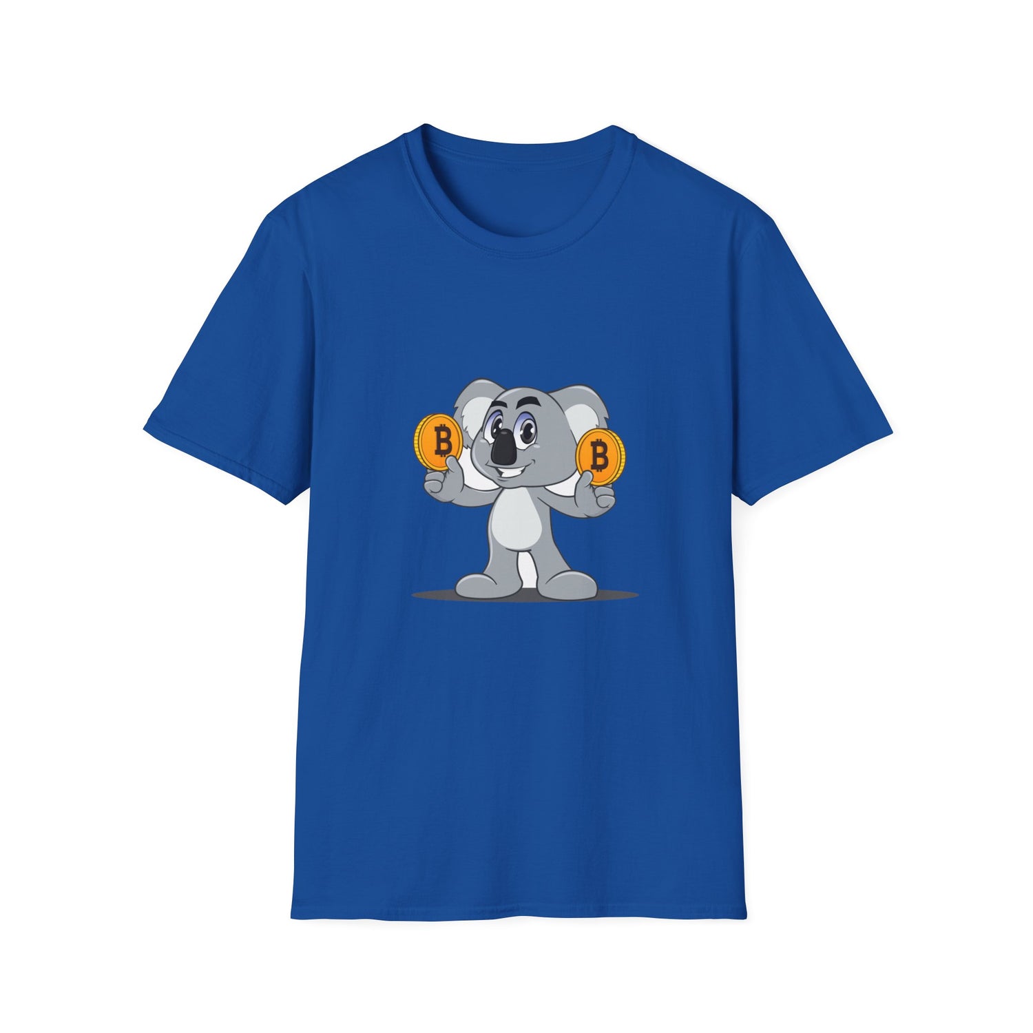 royal blue t-shirt with a smiling koala holding a bitcoin coin in each hand