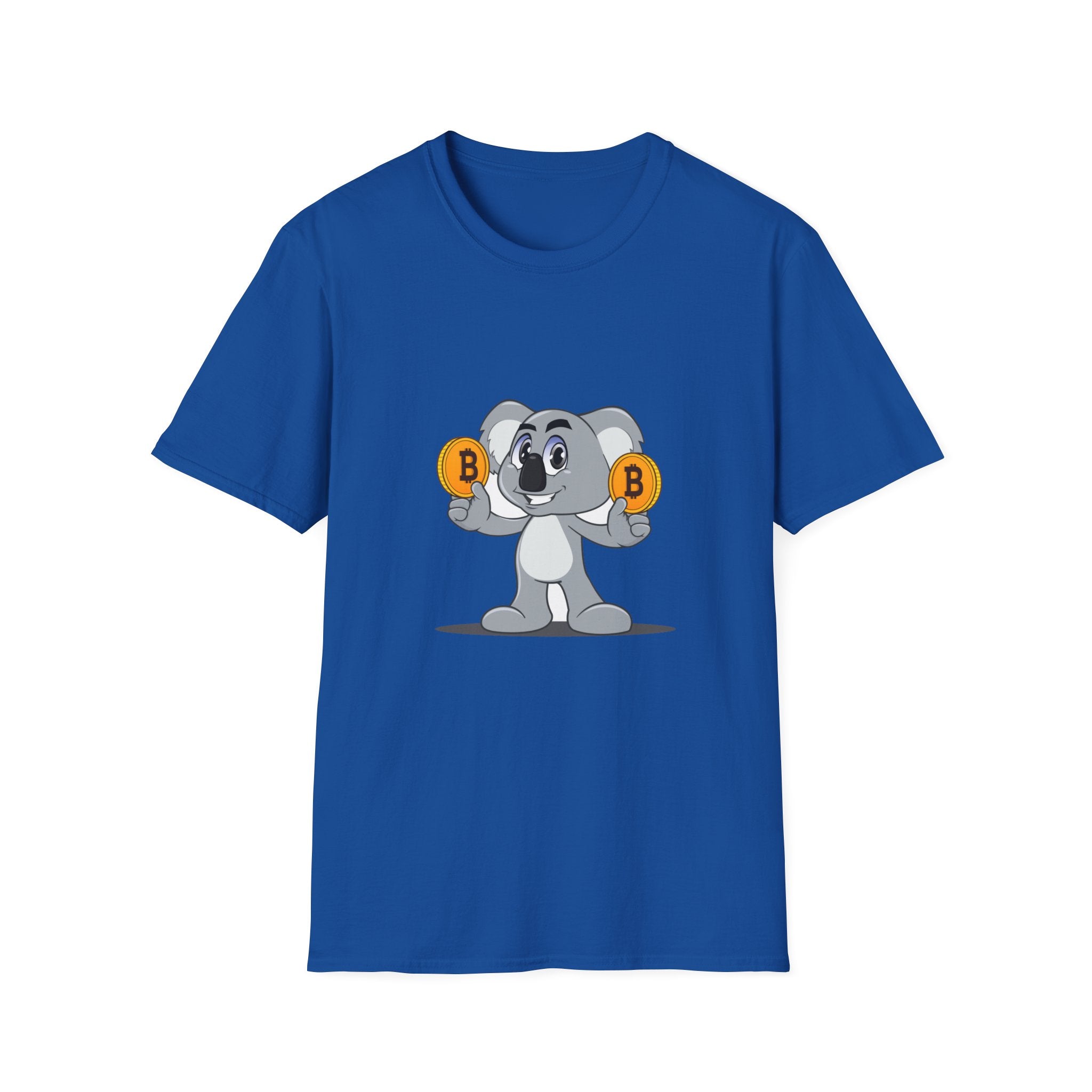 royal blue t-shirt with a smiling koala holding a bitcoin coin in each hand