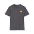 A dark grey round neck t-shirt with a small orange bitcoin logo on the left chest