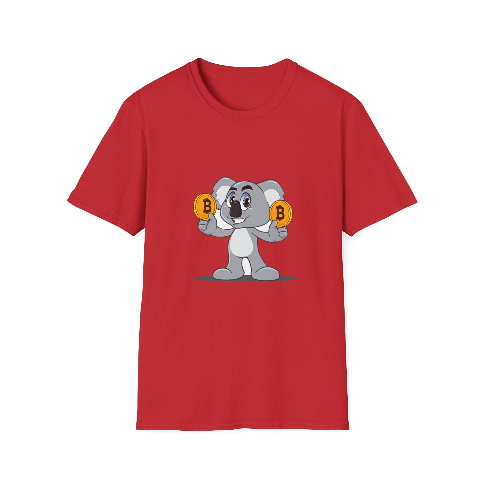 red t-shirt with a smiling koala holding a bitcoin coin in each hand