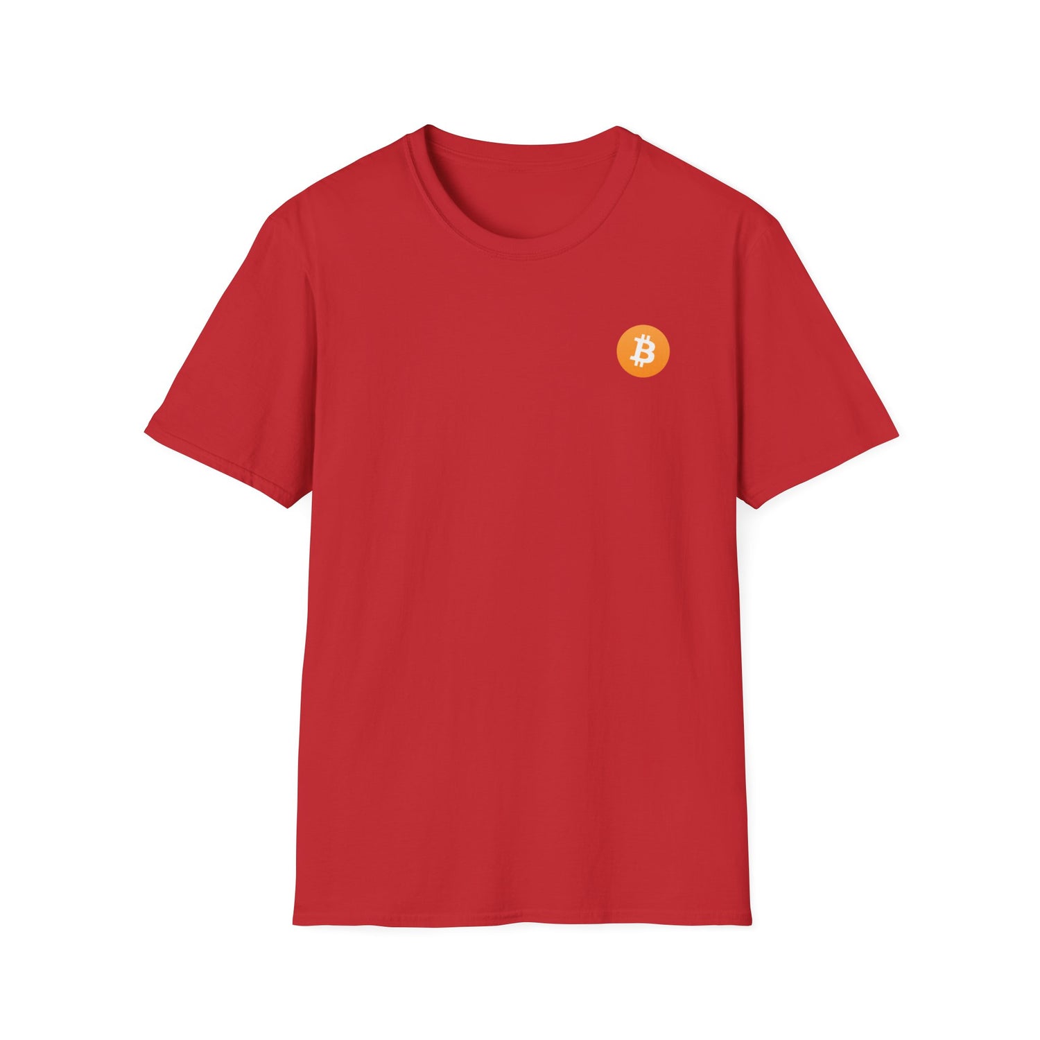 A red round neck t-shirt with a small orange bitcoin logo on the left chest