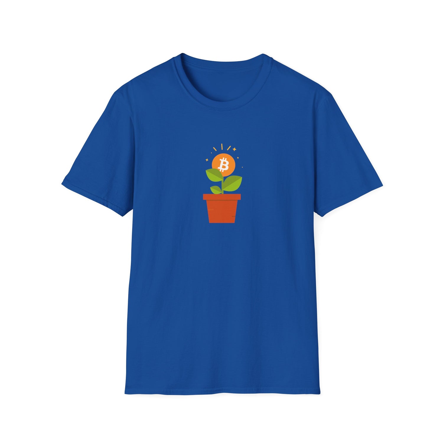 Royal blue tshirt with flower pot growing orange bitcoin logo, with green leaves