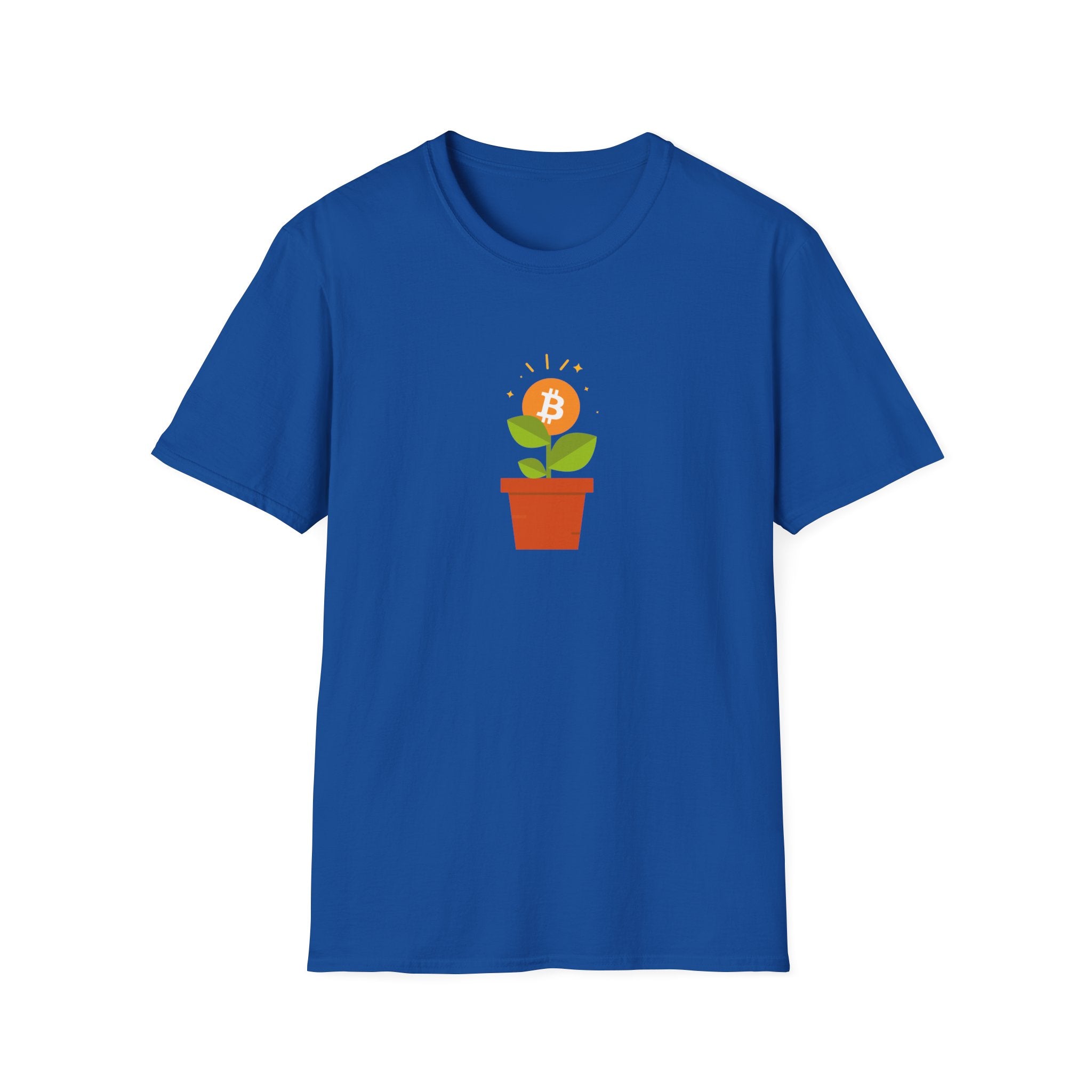 Royal blue tshirt with flower pot growing orange bitcoin logo, with green leaves