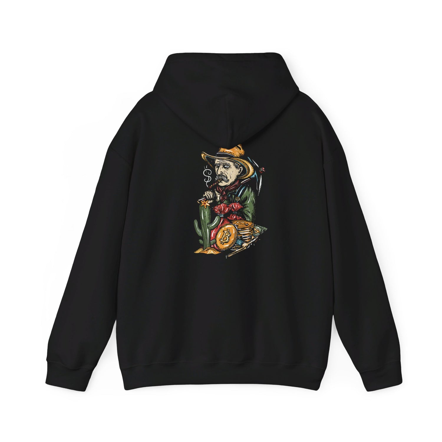 a black hoodie with a graphic of a skeleton in a cowboy outfit smoking a cigar and holding a bag of money, with a stack of bitcoin coins on the back side of the hoodie.