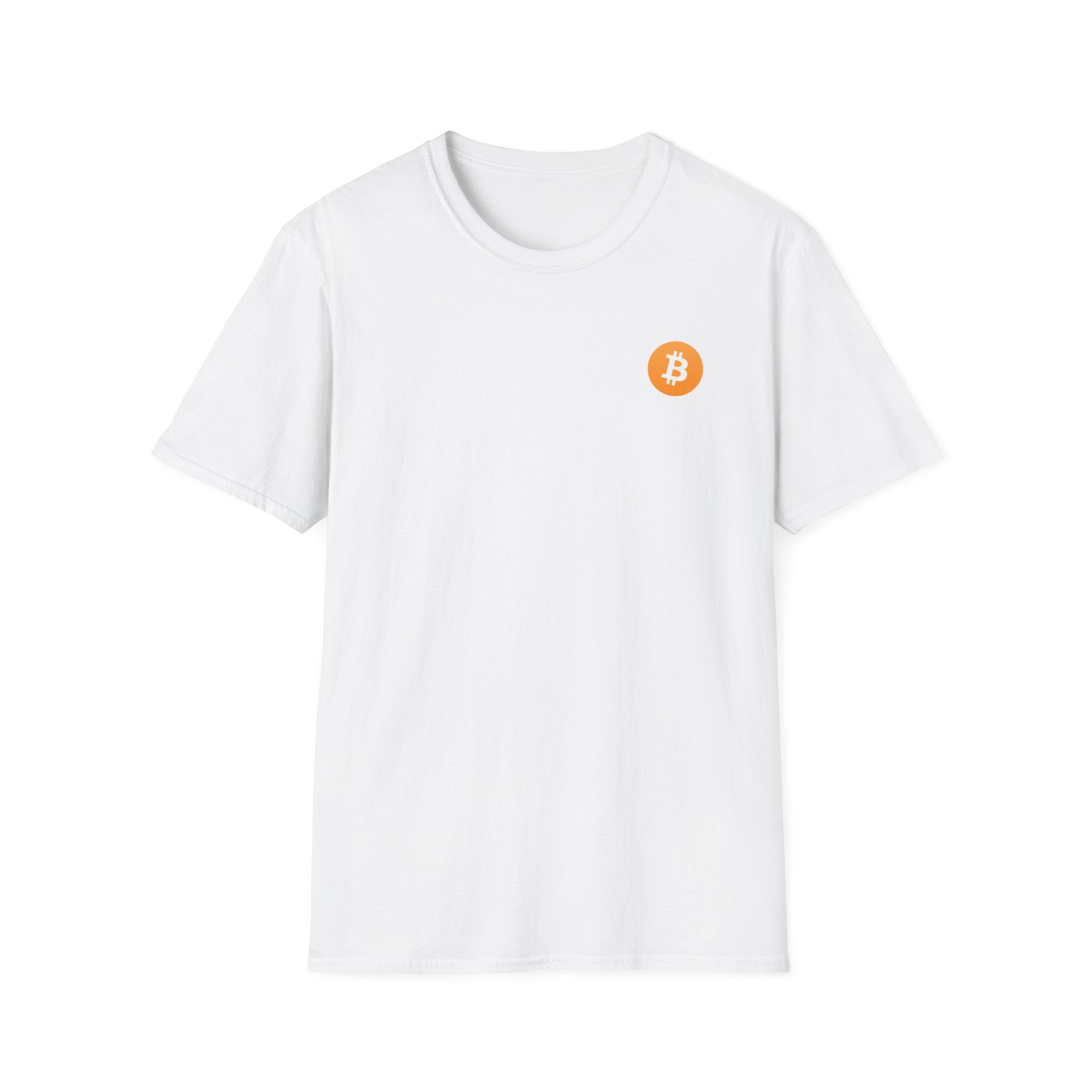 A white round neck t-shirt with a small orange bitcoin logo on the left chest