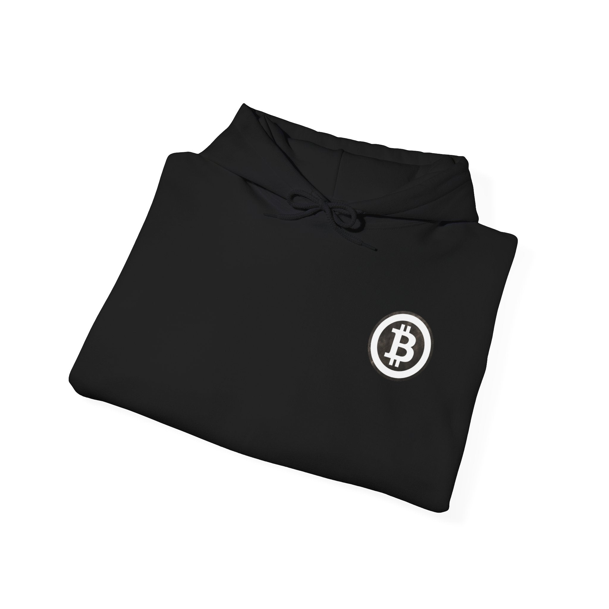Black hoodie with kangaroo puch with with large white bitcoin logo in white on back and small on front left