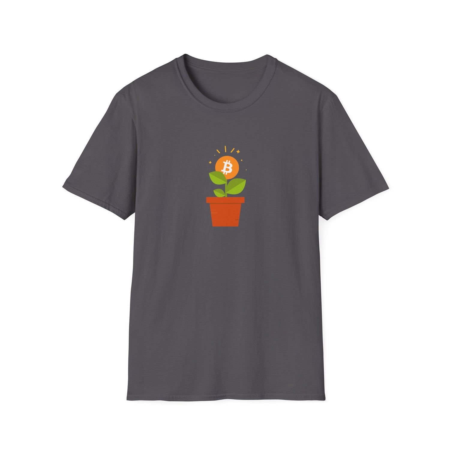 Dark grey tshirt with flower pot growing orange bitcoin logo, with green leaves