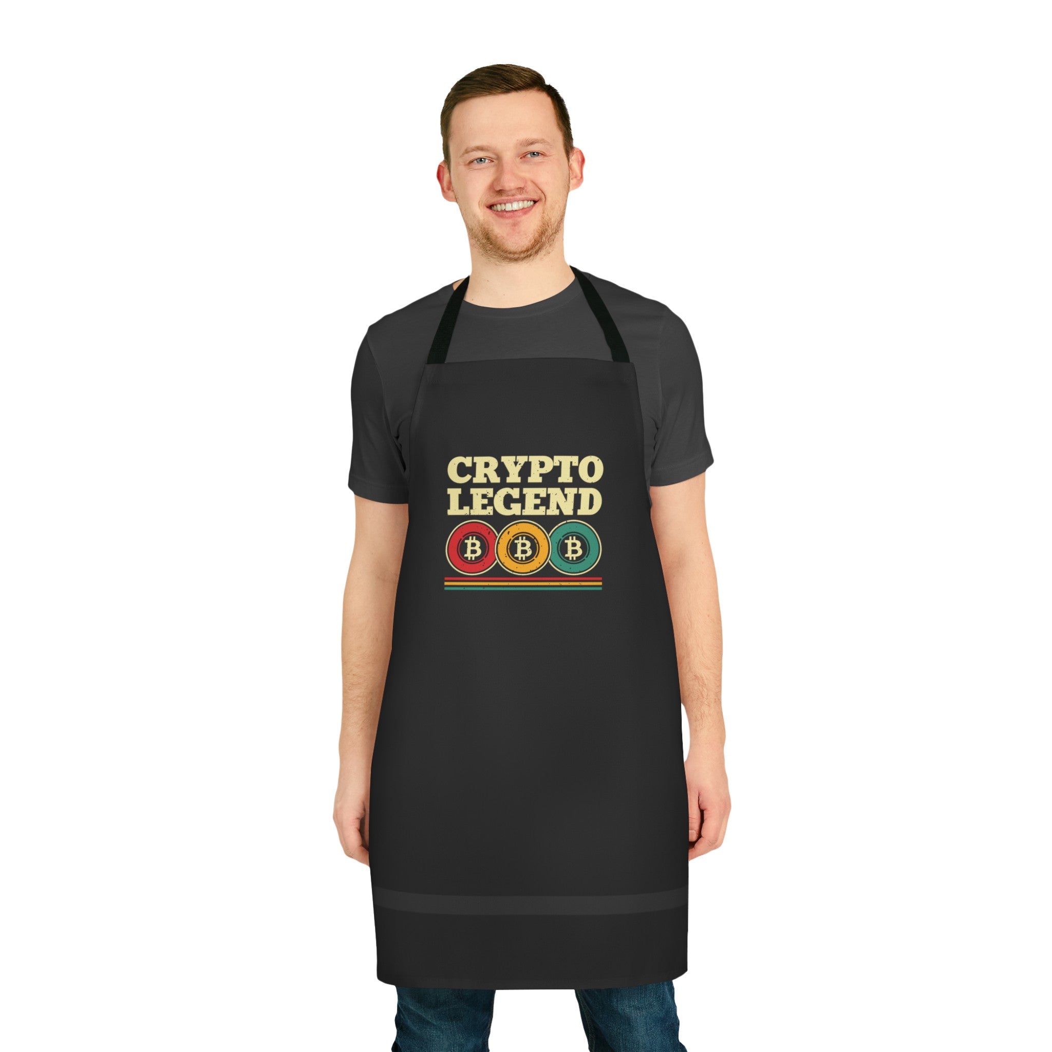 Black apron with Crypto Legend and Bitcoin symbol, ideal for crypto and cooking enthsiasts.