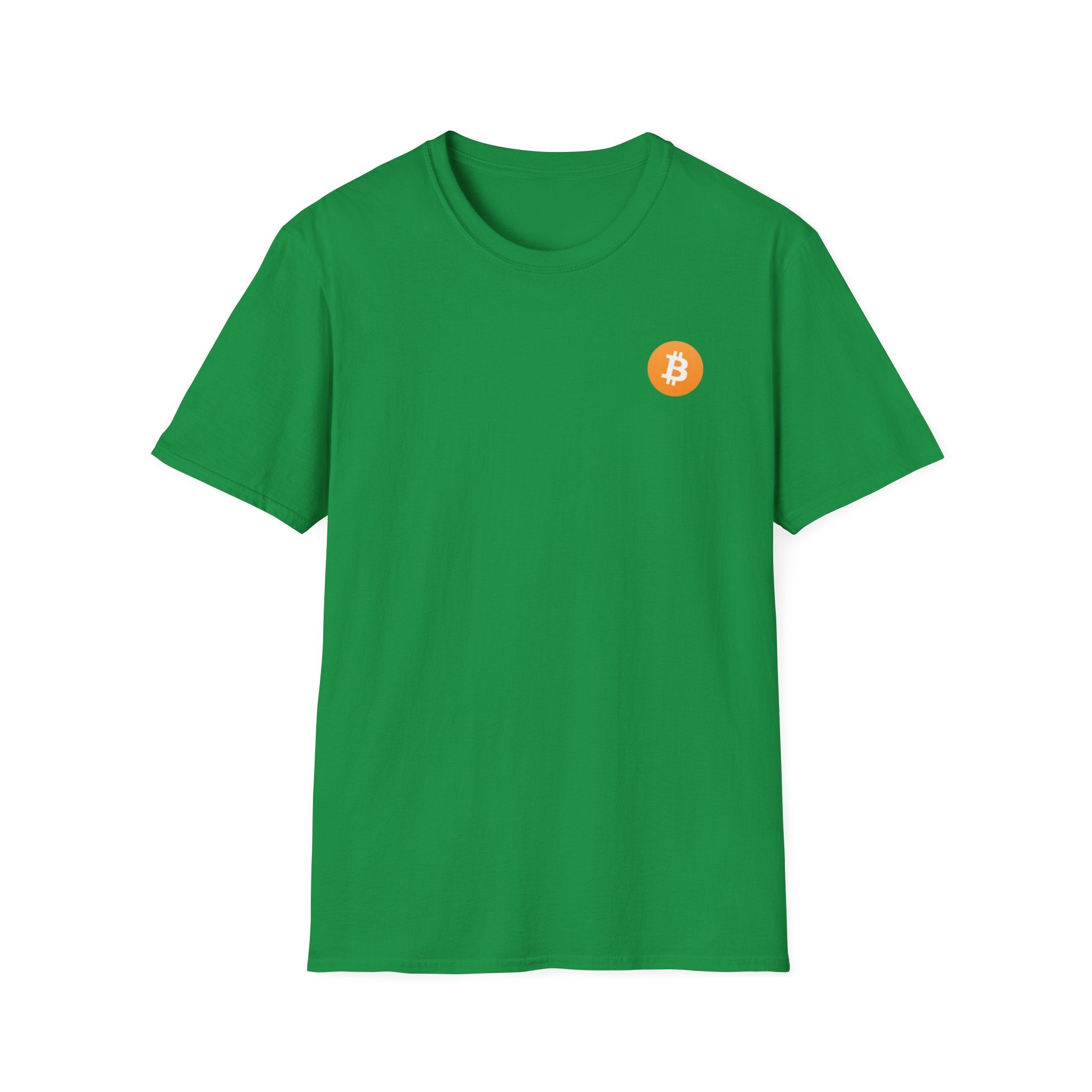An irish green round neck t-shirt with a small orange bitcoin logo on the left chest
