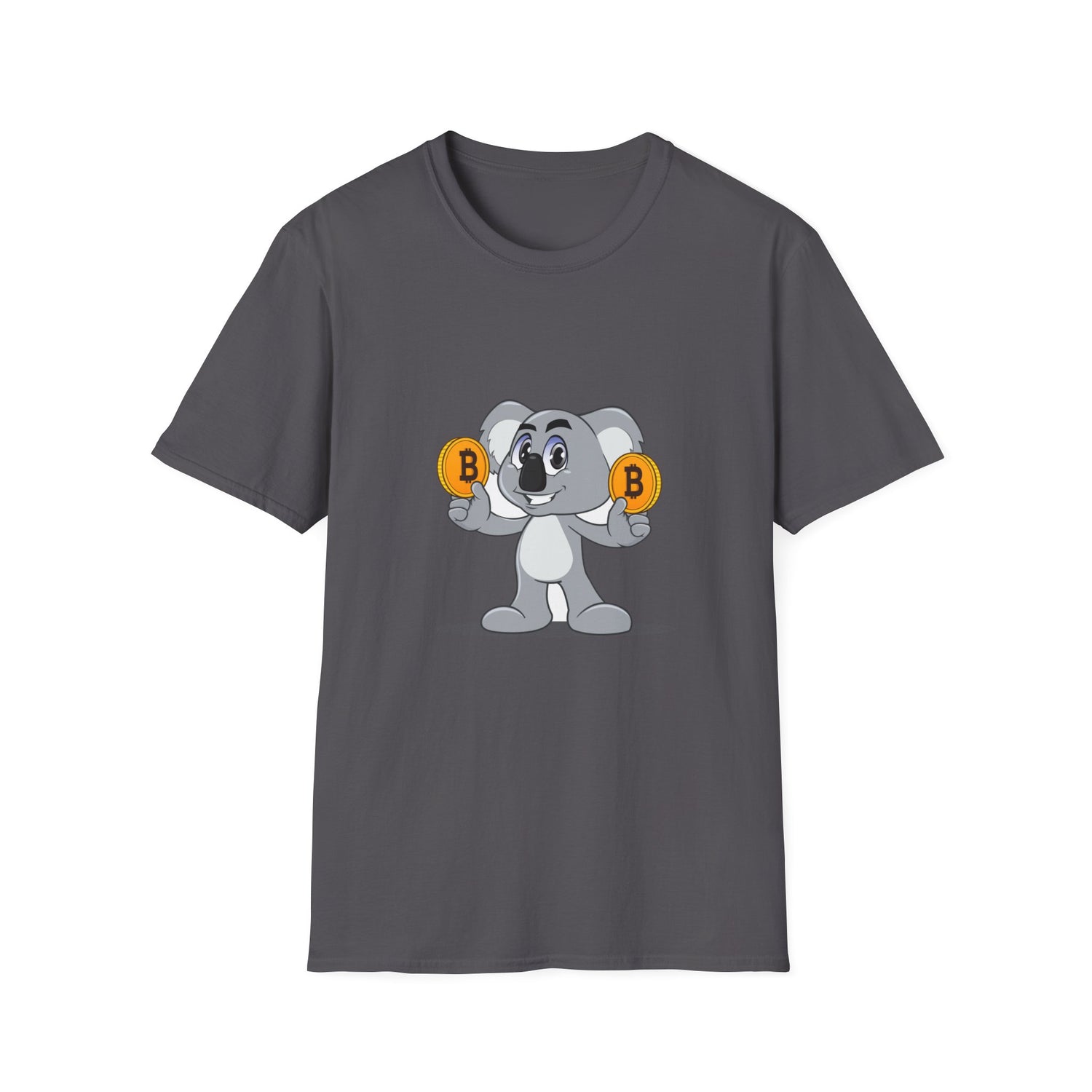 dark grey t-shirt with a smiling koala holding a bitcoin coin in each hand
