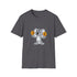 dark grey t-shirt with a smiling koala holding a bitcoin coin in each hand