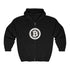 A black zip-up hoodie with a B symbol for Bitcoin in white with a white circle around it