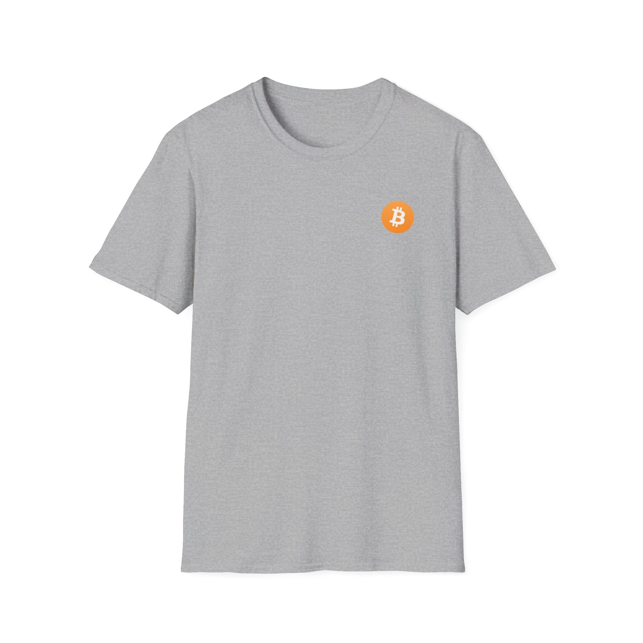 A grey round neck t-shirt with a small orange bitcoin logo on the left chest