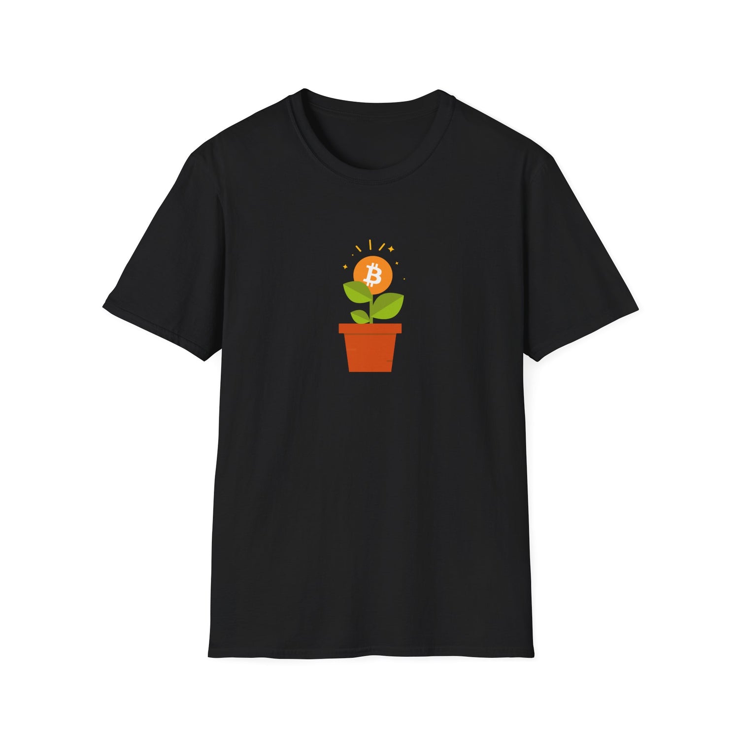 Black tshirt with flower pot growing orange bitcoin logo, with green leaves