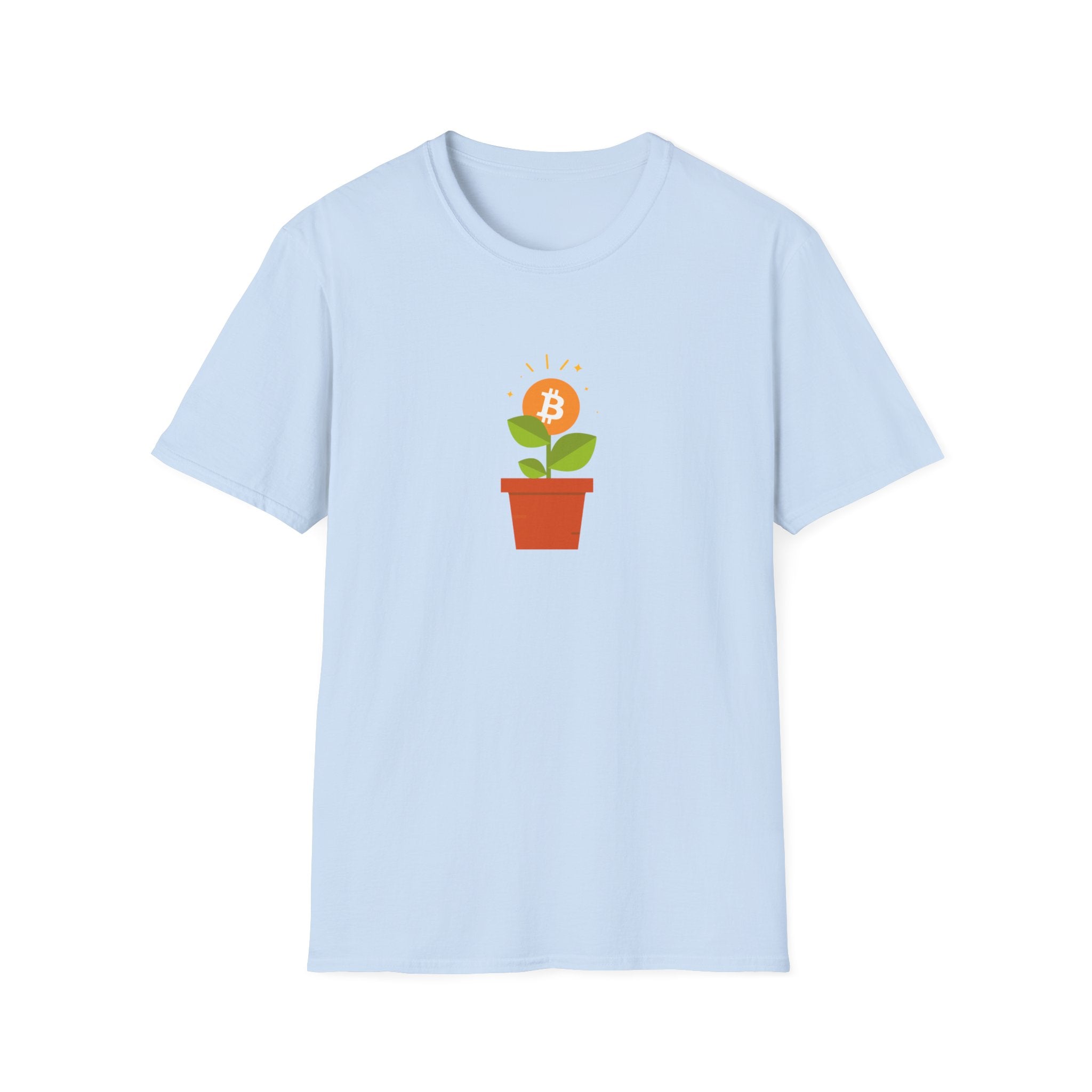 Light blue tshirt with flower pot growing orange bitcoin logo, with green leaves