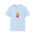 Light blue tshirt with flower pot growing orange bitcoin logo, with green leaves