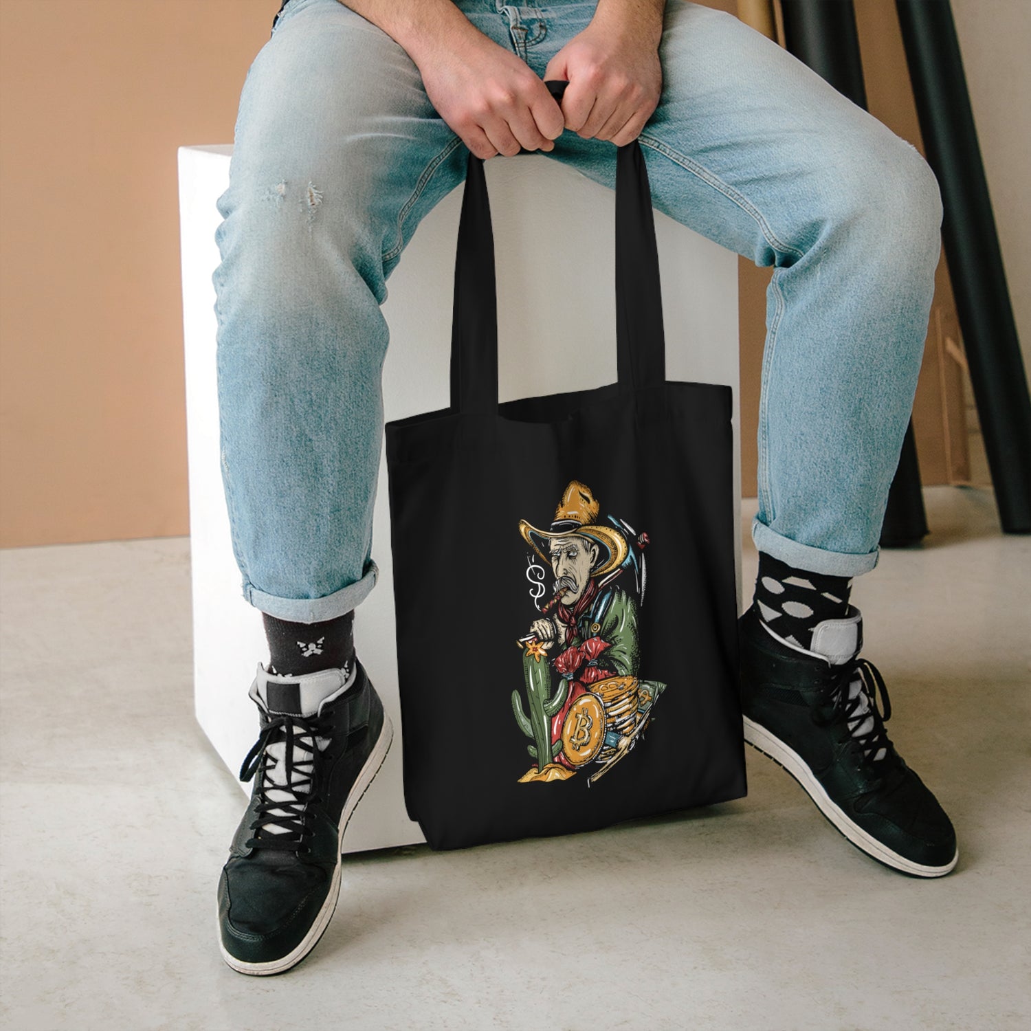Premium 100% Cotton Tote Bag - Smoking Bitcoin Man