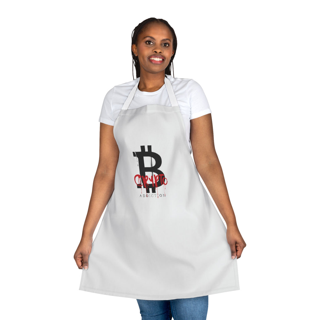 White apron with crypto addiction written. White apron with crypto addiction written. A large black B for bitcoin,  crypto in red over the B, and addiction underneath. Gothic style.