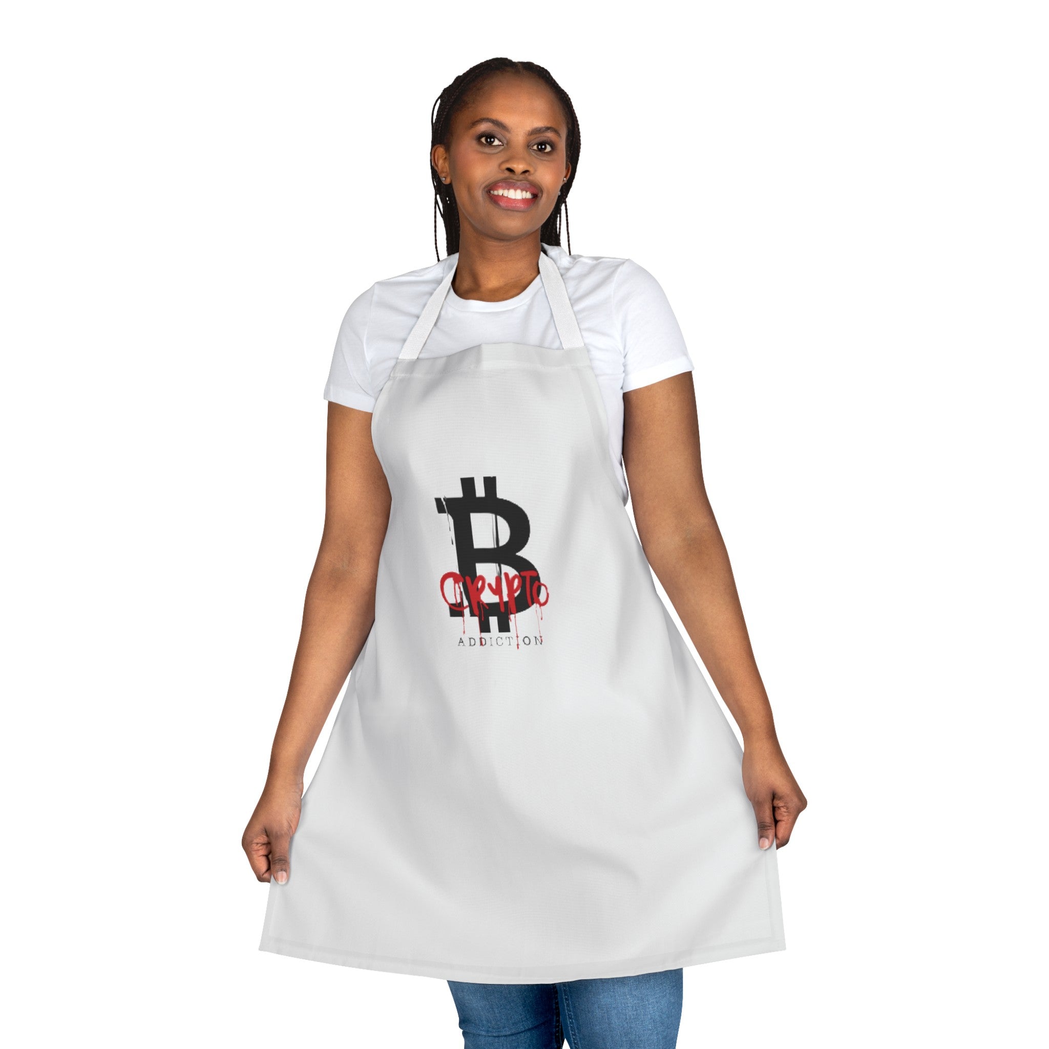 White apron with crypto addiction written. White apron with crypto addiction written. A large black B for bitcoin, crypto in red over the B, and addiction underneath. Gothic style.