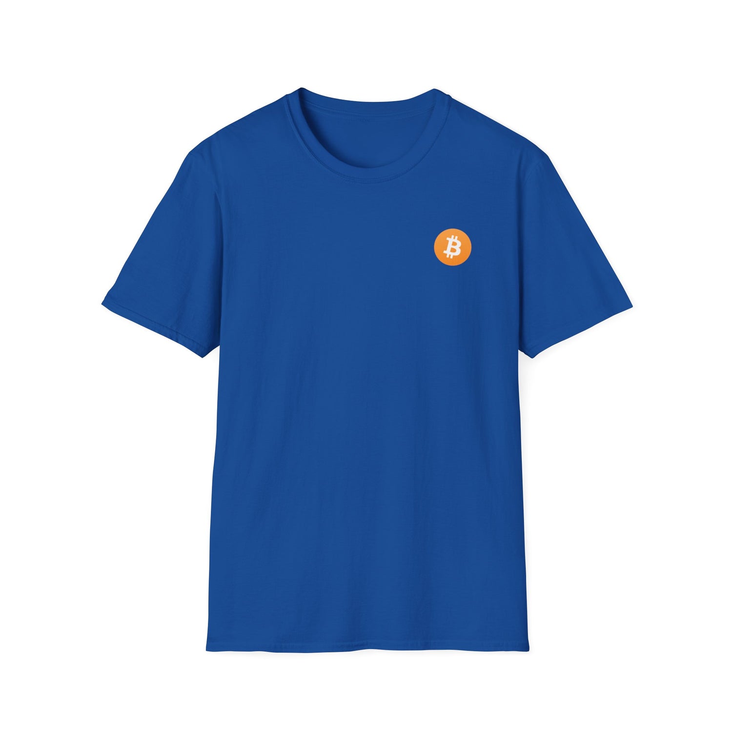 A royal blue round neck t-shirt with a small orange bitcoin logo on the left chest