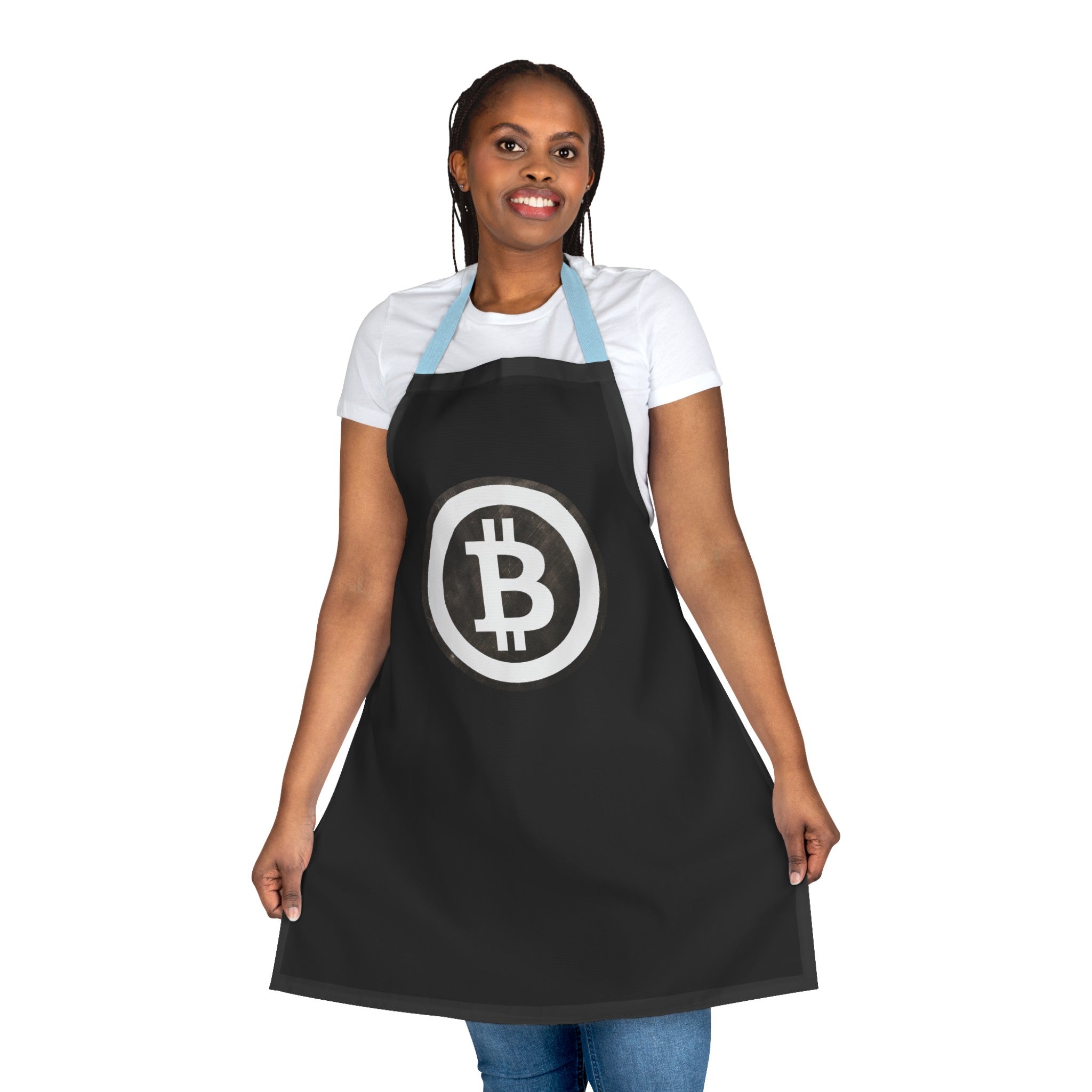 Bitcoin-themed black apron, great for cooking enthusiasts