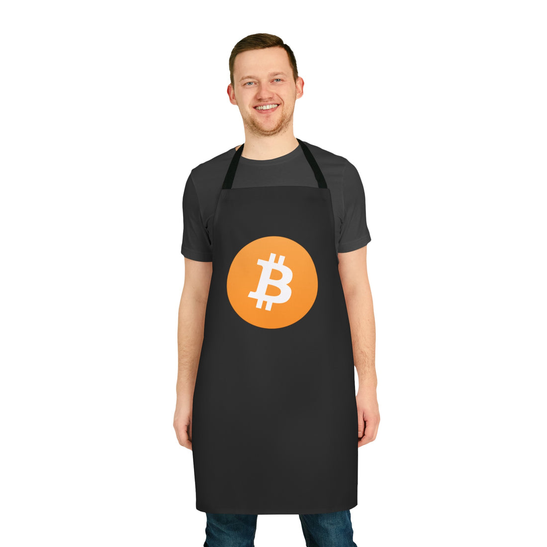 Black apron with large bitcoin logo on front