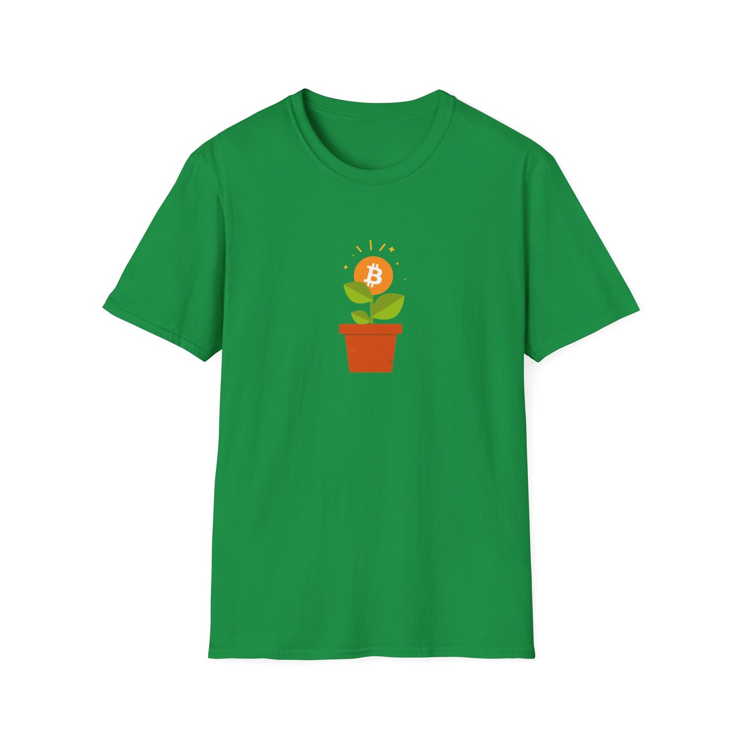 Irish green tshirt with flower pot growing orange bitcoin logo, with green leaves